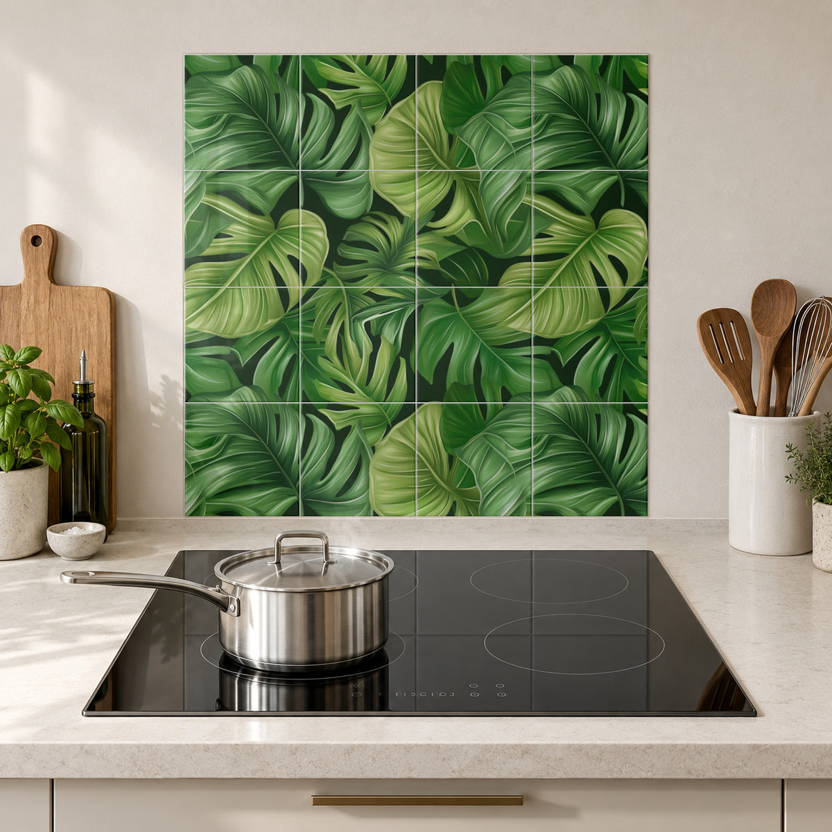 Lush Green Monstera in the Wolfborn Studio kitchen mockup; 60 x 60 cm panel across 4 rows and 4 columns of 15 cm tiles. Styling illustration.