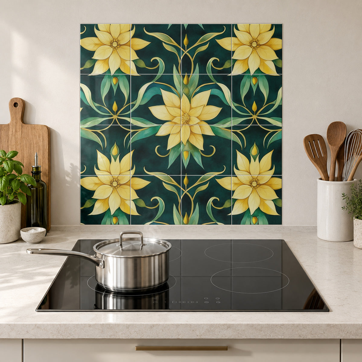 Golden Blooms on Emerald in the Wolfborn Studio kitchen mockup; 60 x 60 cm panel across 4 rows and 4 columns of 15 cm tiles. Styling illustration.