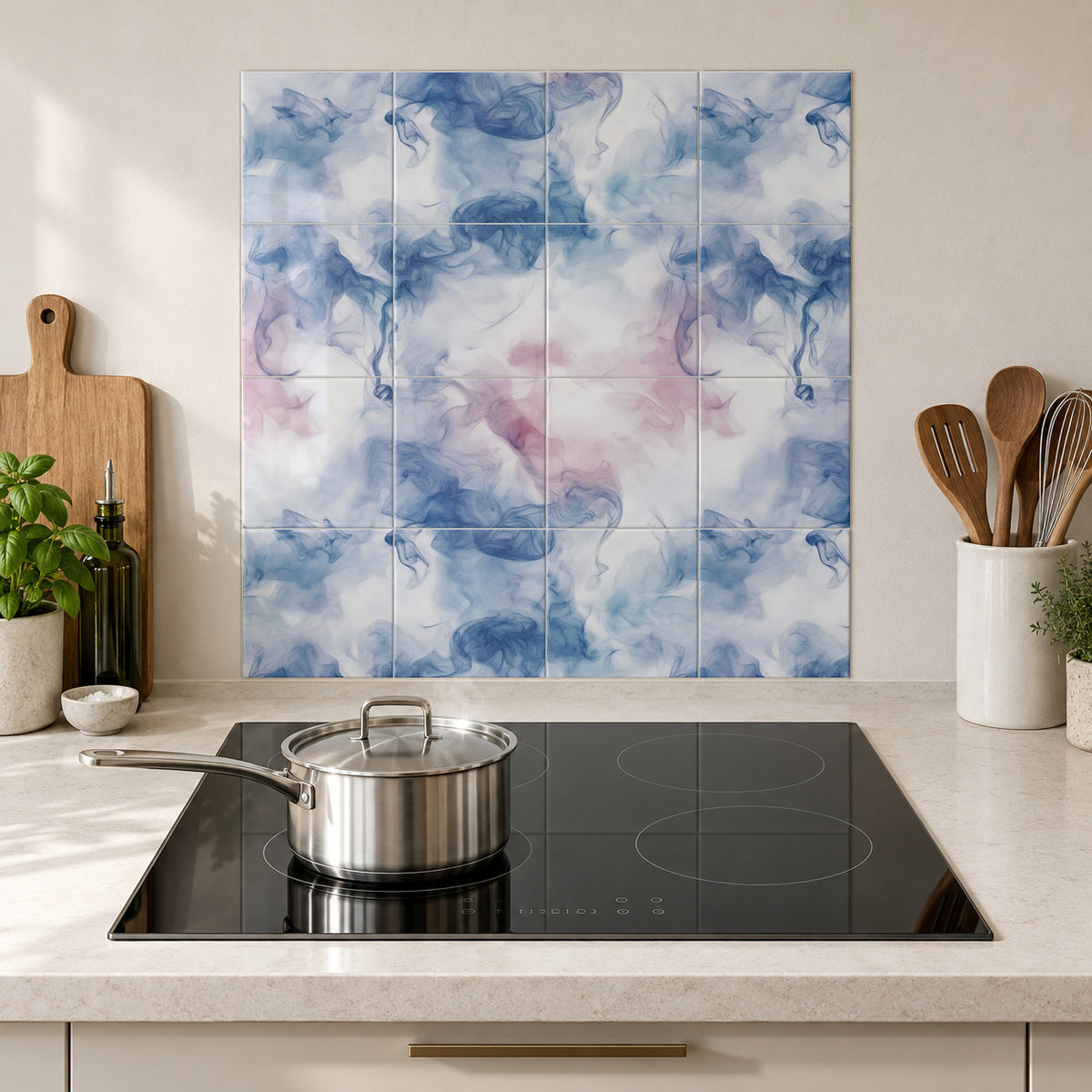 Blue and Blush Ink Mist in the Wolfborn Studio kitchen mockup; 60 x 60 cm panel across 4 rows and 4 columns of 15 cm tiles. Styling illustration.