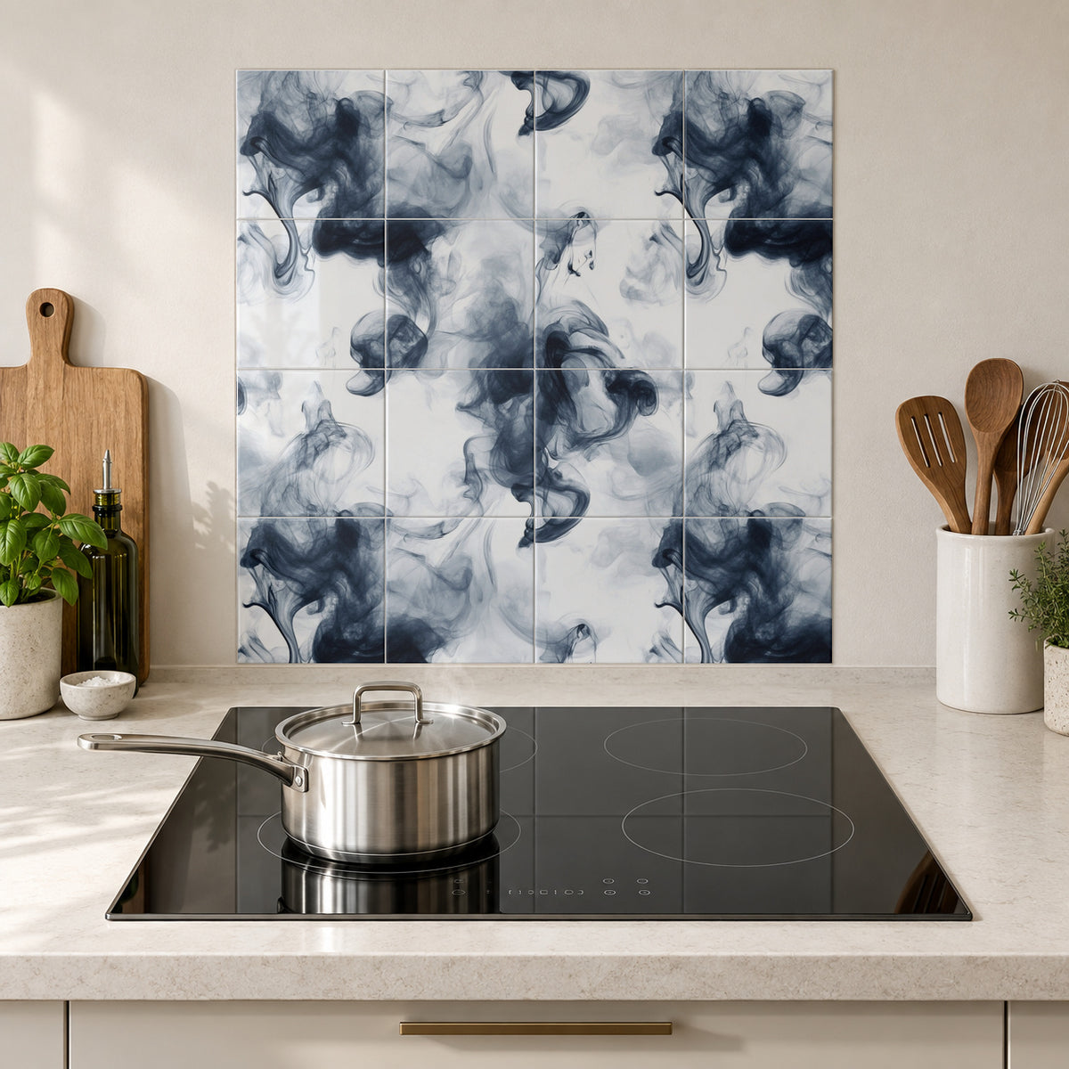 Monochrome Smoke Wisps in the Wolfborn Studio kitchen mockup; 60 x 60 cm panel across 4 rows and 4 columns of 15 cm tiles. Styling illustration.