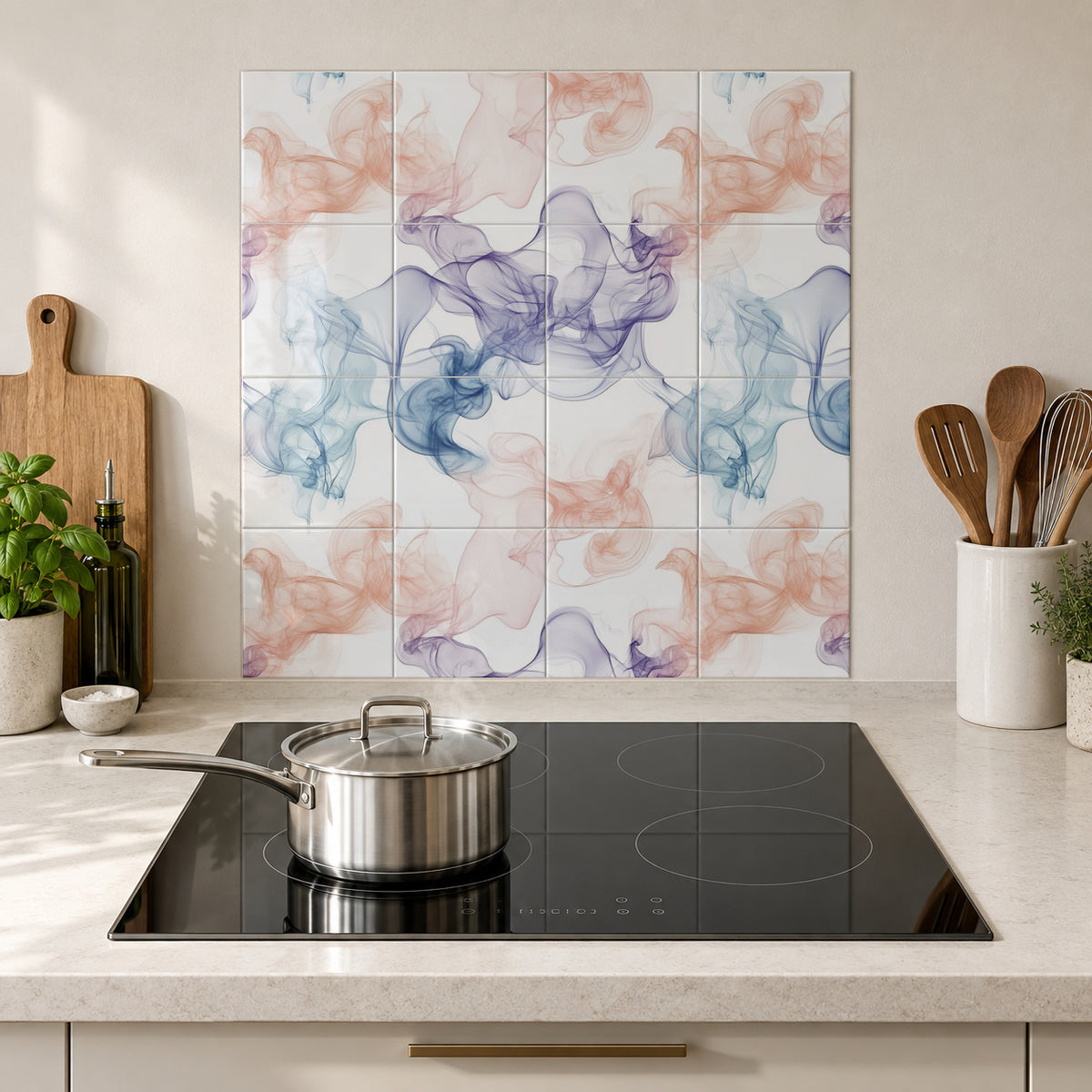 Peach and Lavender Ink Mist in the Wolfborn Studio kitchen mockup; 60 x 60 cm panel across 4 rows and 4 columns of 15 cm tiles. Styling illustration.