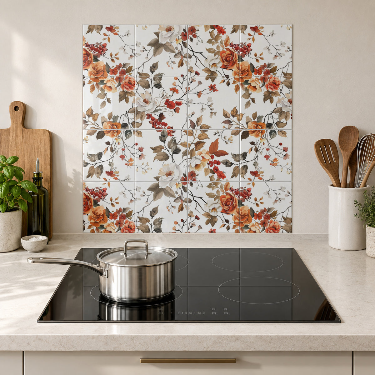 Autumn Rose and Berry Trail in the Wolfborn Studio kitchen mockup; 60 x 60 cm panel across 4 rows and 4 columns of 15 cm tiles. Styling illustration.
