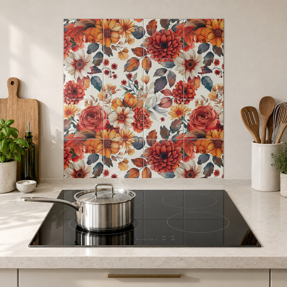 Amber Autumn Flower Garden in the Wolfborn Studio kitchen mockup; 60 x 60 cm panel across 4 rows and 4 columns of 15 cm tiles. Styling illustration.