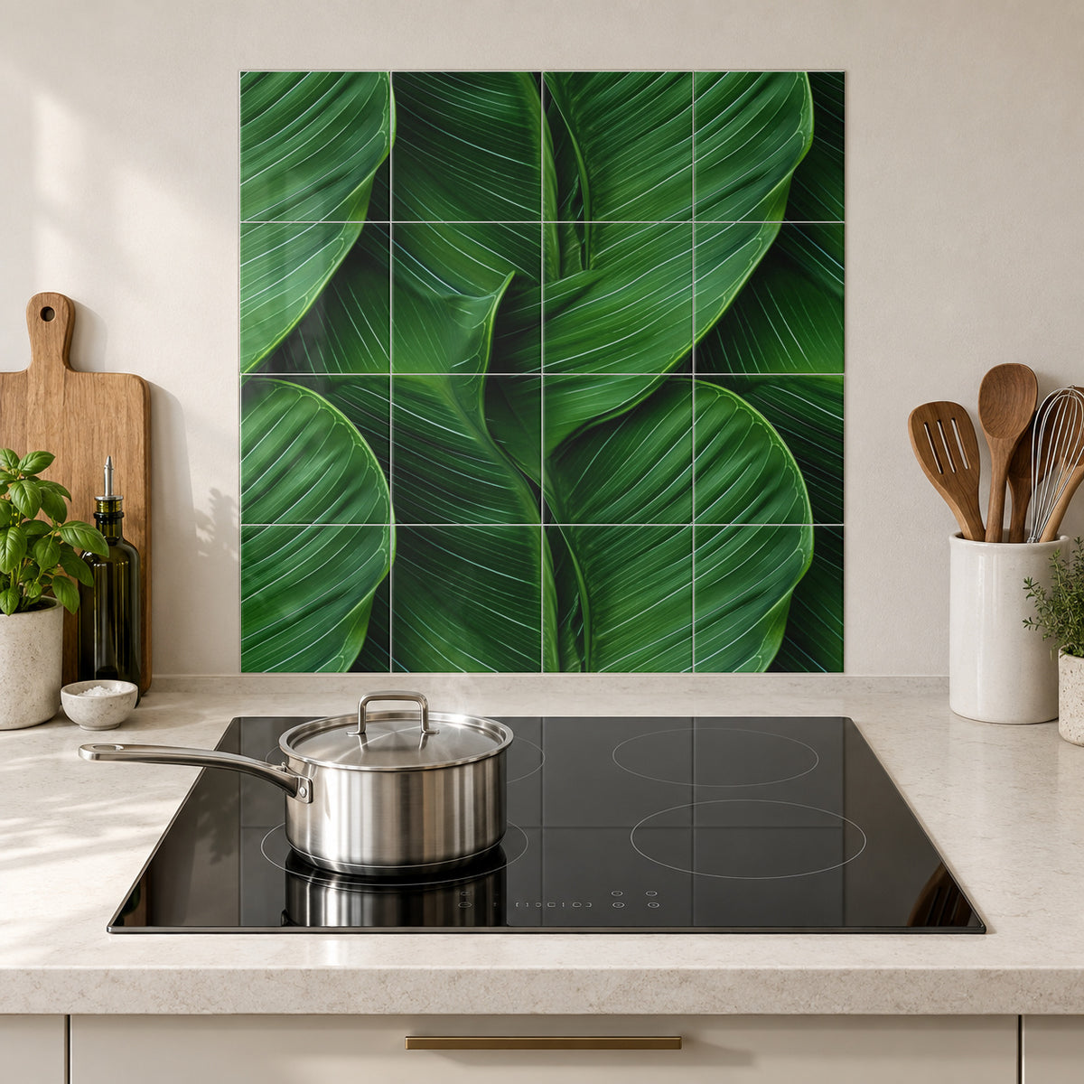 Deep Green Tropical Leaves in the Wolfborn Studio kitchen mockup; 60 x 60 cm panel across 4 rows and 4 columns of 15 cm tiles. Styling illustration.