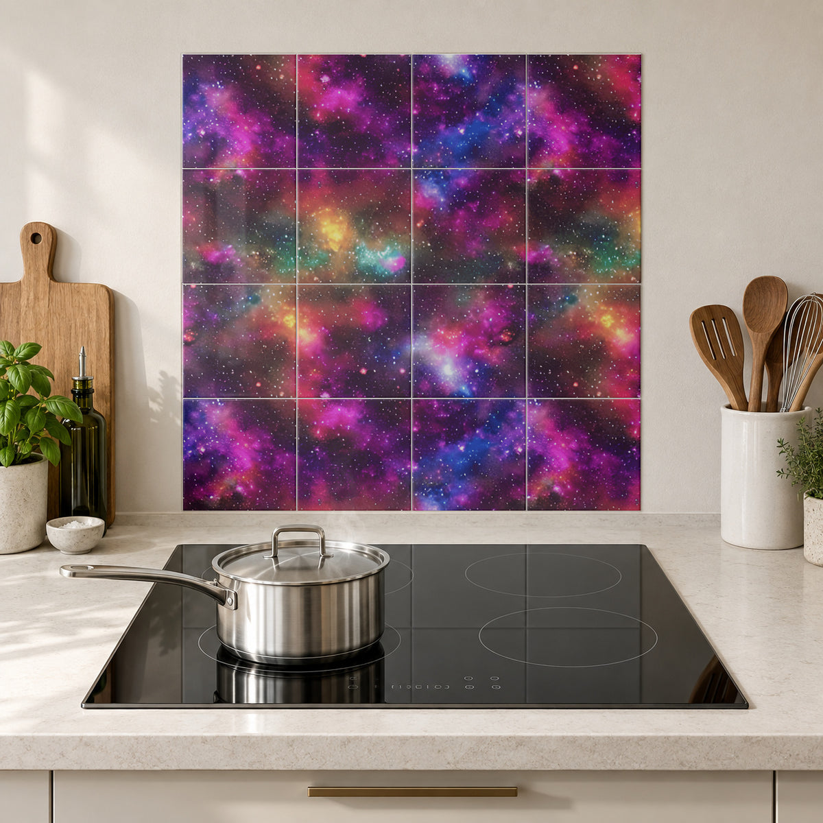 Jewel Galaxy Nebula in the Wolfborn Studio kitchen mockup; 60 x 60 cm panel across 4 rows and 4 columns of 15 cm tiles. Styling illustration.