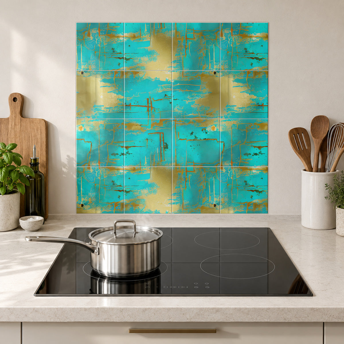 Turquoise Gold Brushwork in the Wolfborn Studio kitchen mockup; 60 x 60 cm panel across 4 rows and 4 columns of 15 cm tiles. Styling illustration.