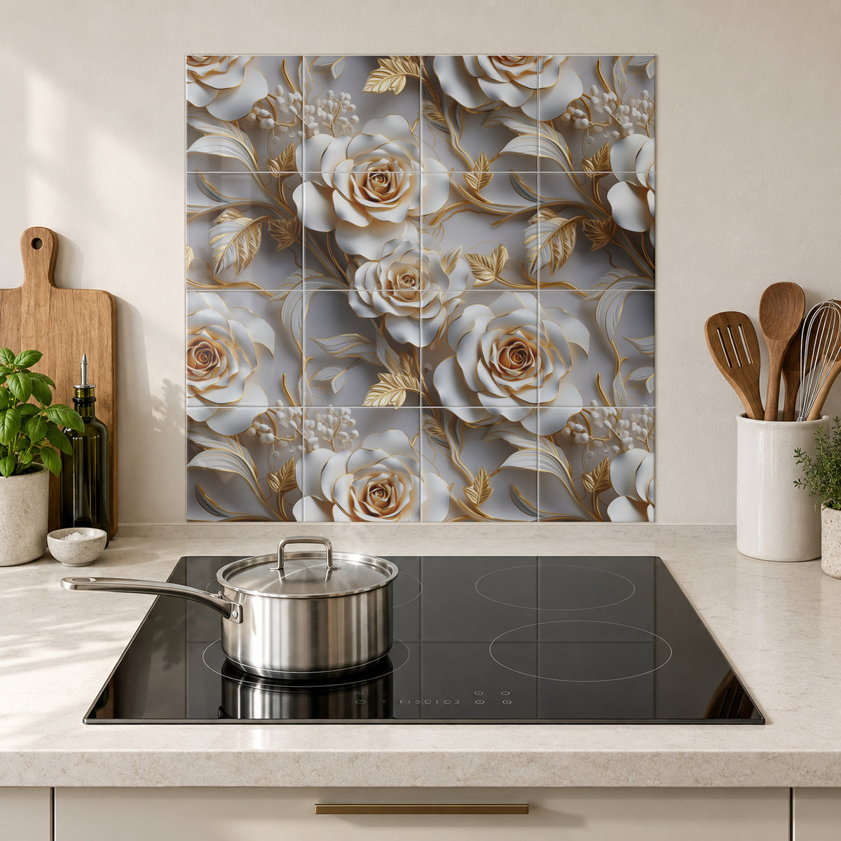 Ivory Rose Gilded Vines in the Wolfborn Studio kitchen mockup; 60 x 60 cm panel across 4 rows and 4 columns of 15 cm tiles. Styling illustration.