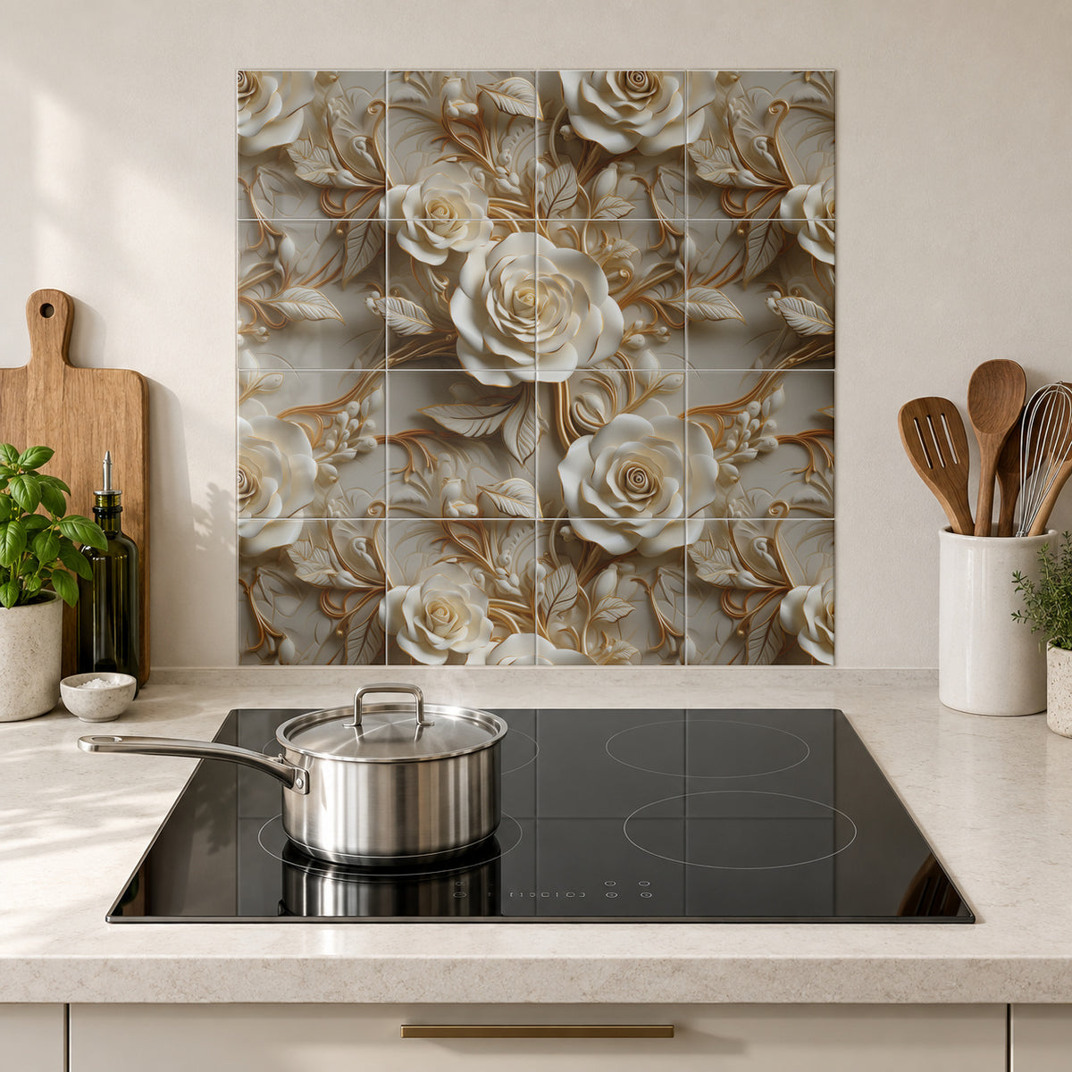 Champagne Rose Scrollwork in the Wolfborn Studio kitchen mockup; 60 x 60 cm panel across 4 rows and 4 columns of 15 cm tiles. Styling illustration.