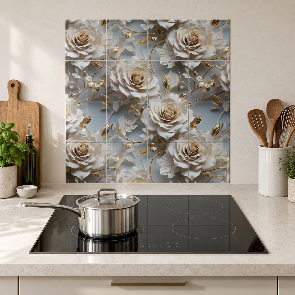 Silver Blue Gilded Roses in the Wolfborn Studio kitchen mockup; 60 x 60 cm panel across 4 rows and 4 columns of 15 cm tiles. Styling illustration.