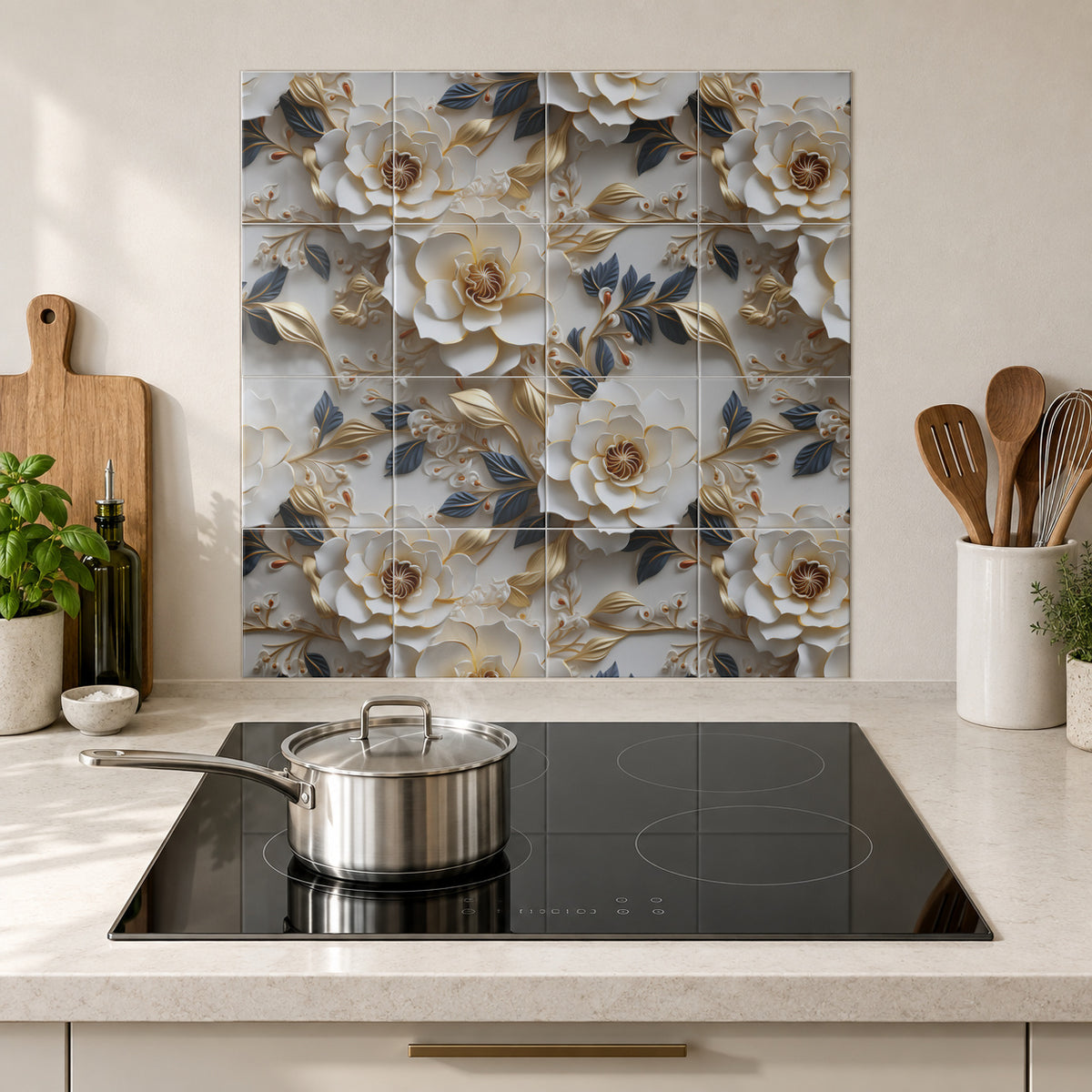 Ivory Petals with Navy and Gold in the Wolfborn Studio kitchen mockup; 60 x 60 cm panel across 4 rows and 4 columns of 15 cm tiles. Styling illustration.