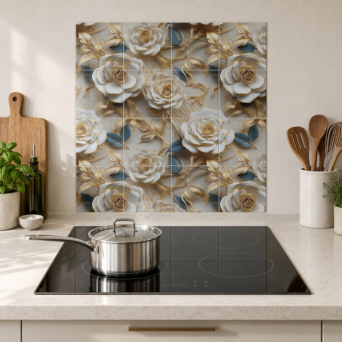 Ivory Roses and Blue Leaves in the Wolfborn Studio kitchen mockup; 60 x 60 cm panel across 4 rows and 4 columns of 15 cm tiles. Styling illustration.
