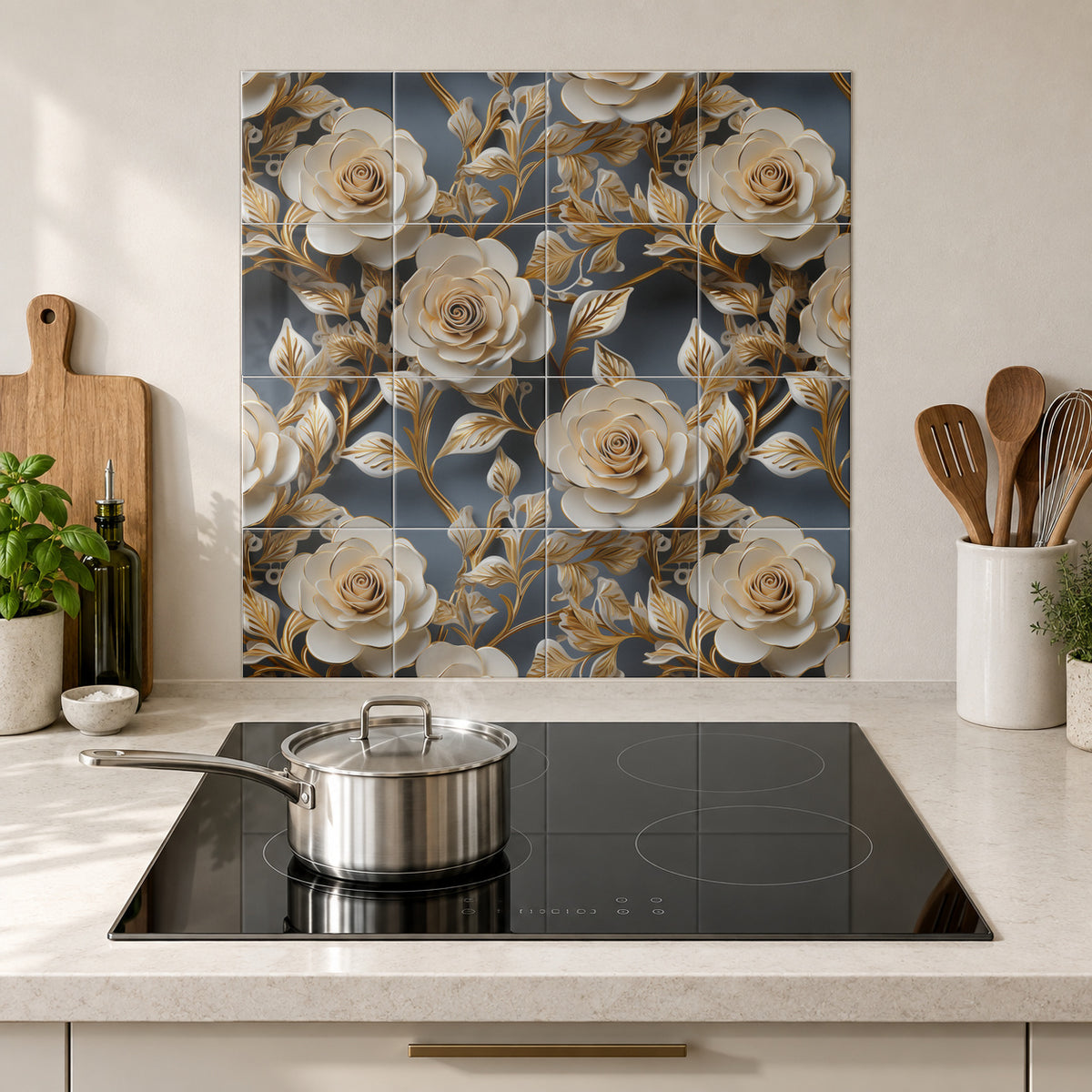 Champagne Roses on Slate in the Wolfborn Studio kitchen mockup; 60 x 60 cm panel across 4 rows and 4 columns of 15 cm tiles. Styling illustration.