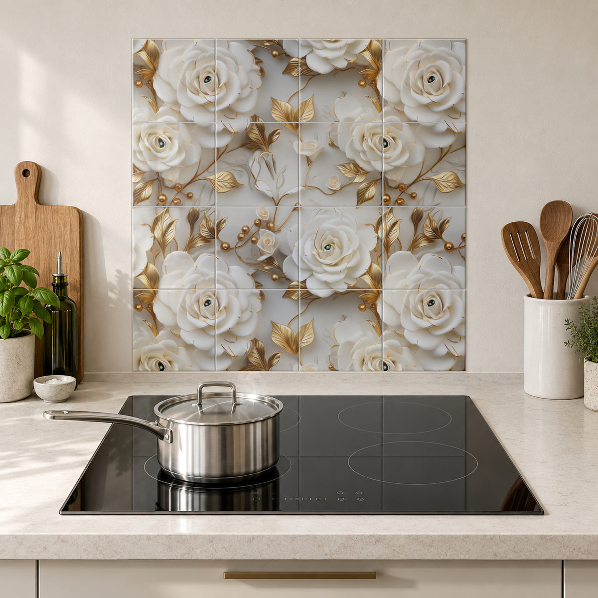 White Roses and Golden Berries in the Wolfborn Studio kitchen mockup; 60 x 60 cm panel across 4 rows and 4 columns of 15 cm tiles. Styling illustration.
