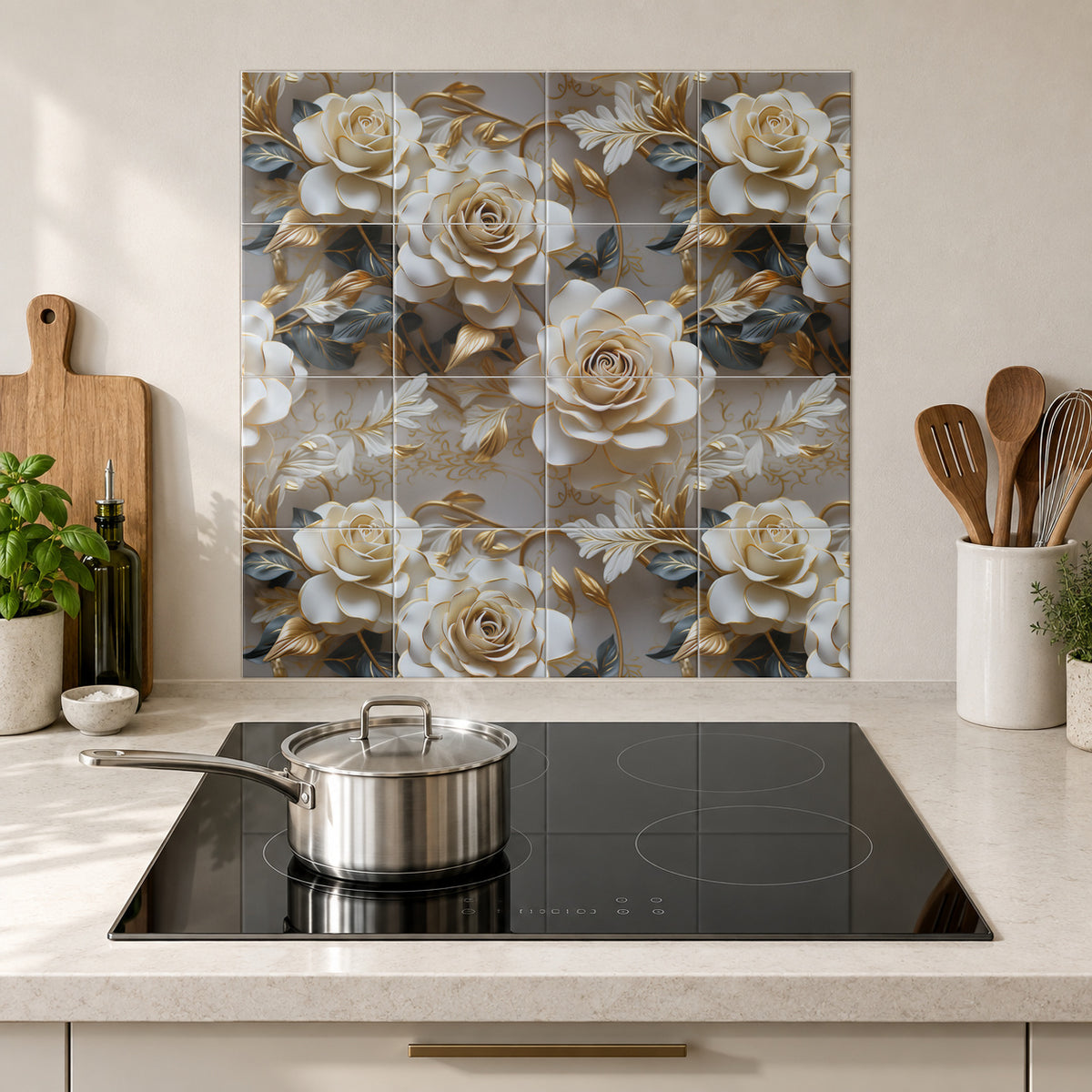 Ivory Rose Garland with Dark Leaves in the Wolfborn Studio kitchen mockup; 60 x 60 cm panel across 4 rows and 4 columns of 15 cm tiles. Styling illustration.
