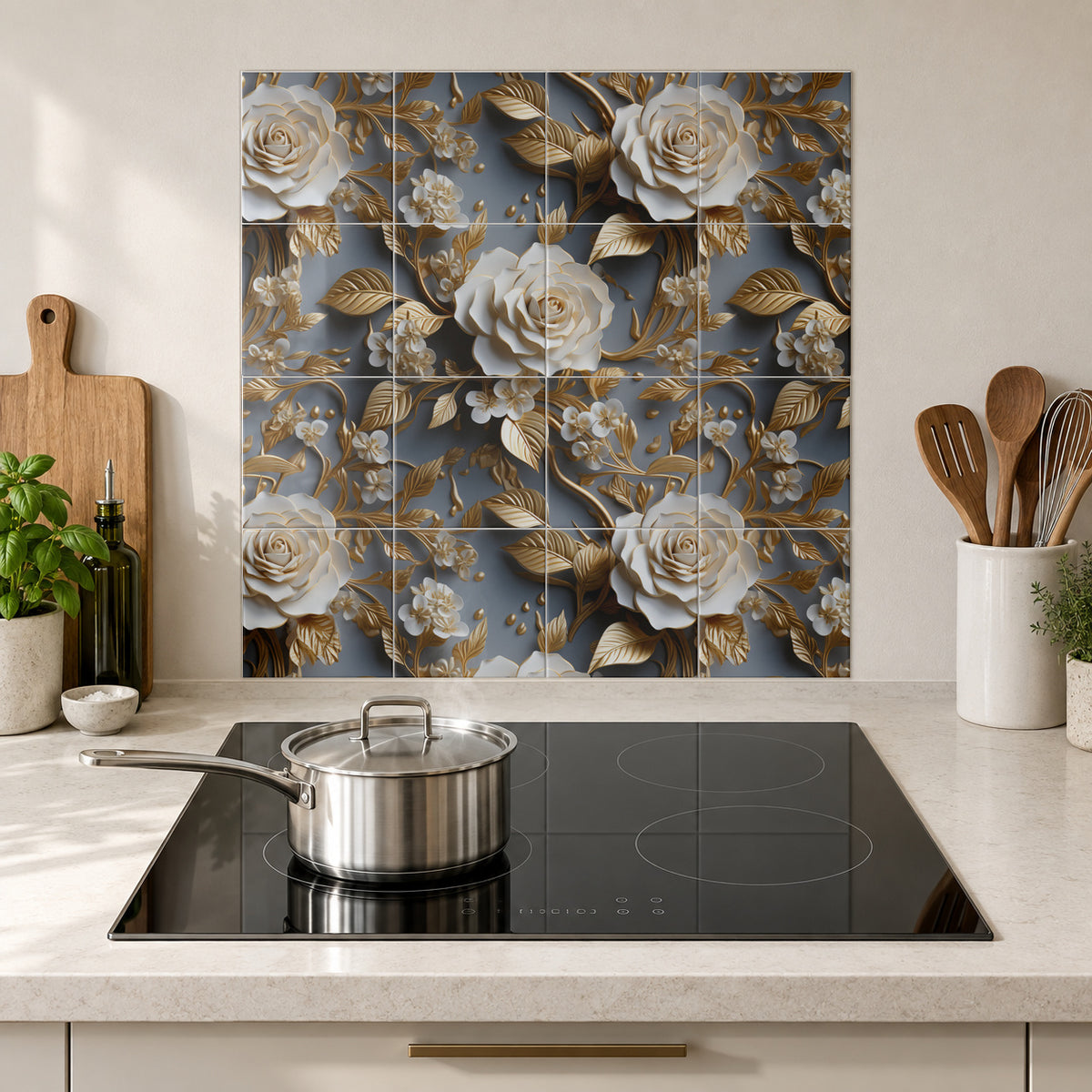 Gilded Rose Garden on Grey in the Wolfborn Studio kitchen mockup; 60 x 60 cm panel across 4 rows and 4 columns of 15 cm tiles. Styling illustration.
