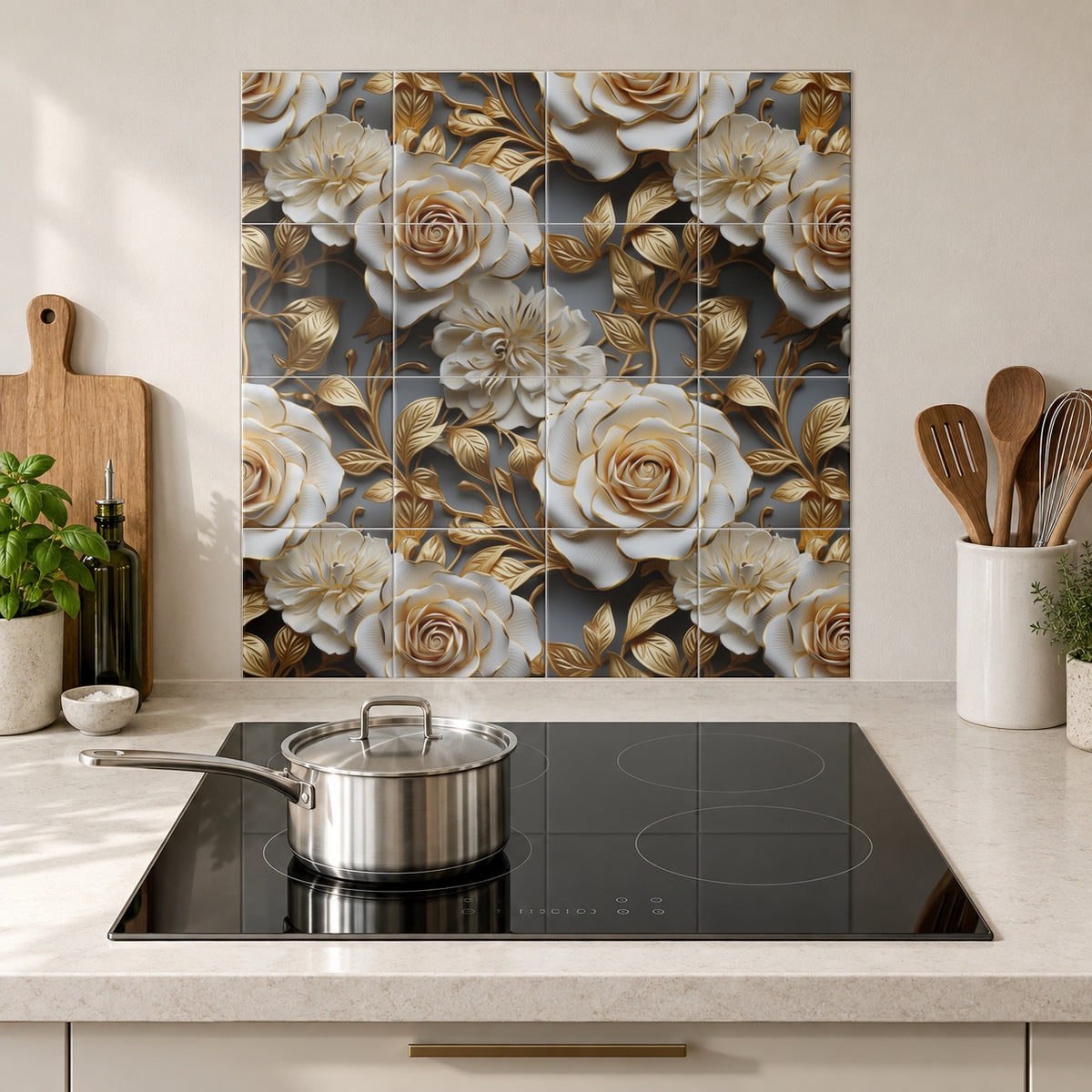 Antique Gold Floral Bouquet in the Wolfborn Studio kitchen mockup; 60 x 60 cm panel across 4 rows and 4 columns of 15 cm tiles. Styling illustration.
