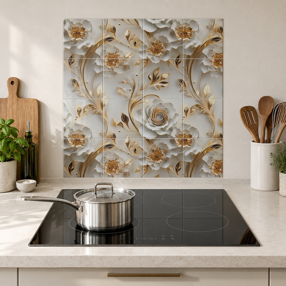 Ivory Wildflower Golden Stems in the Wolfborn Studio kitchen mockup; 60 x 60 cm panel across 4 rows and 4 columns of 15 cm tiles. Styling illustration.