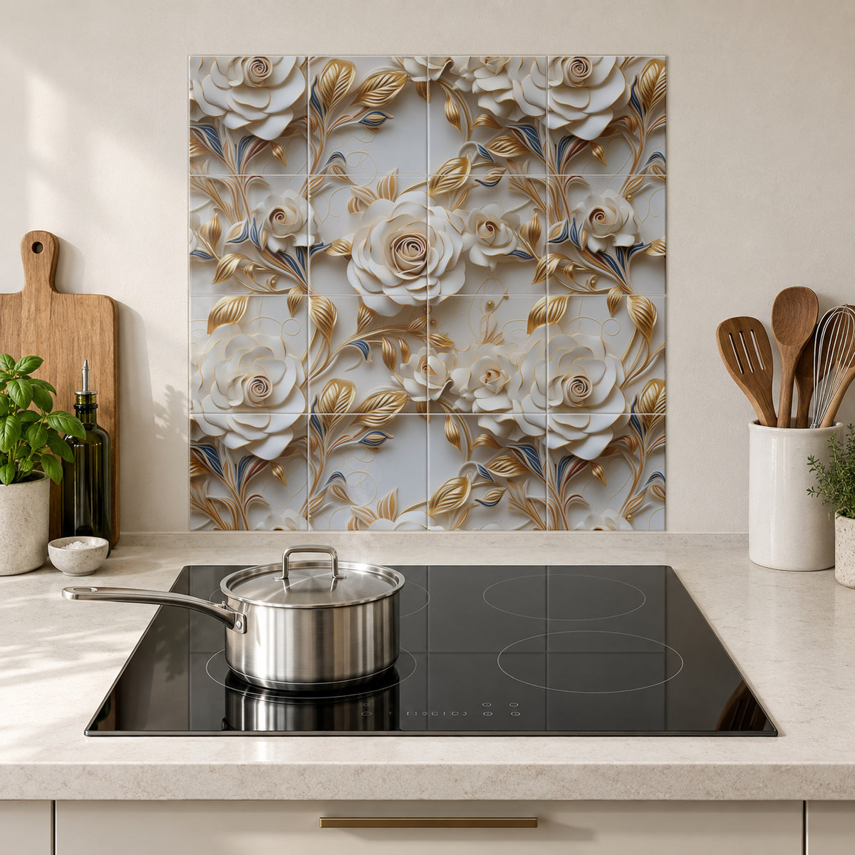 Champagne Rose and Feather Scroll in the Wolfborn Studio kitchen mockup; 60 x 60 cm panel across 4 rows and 4 columns of 15 cm tiles. Styling illustration.