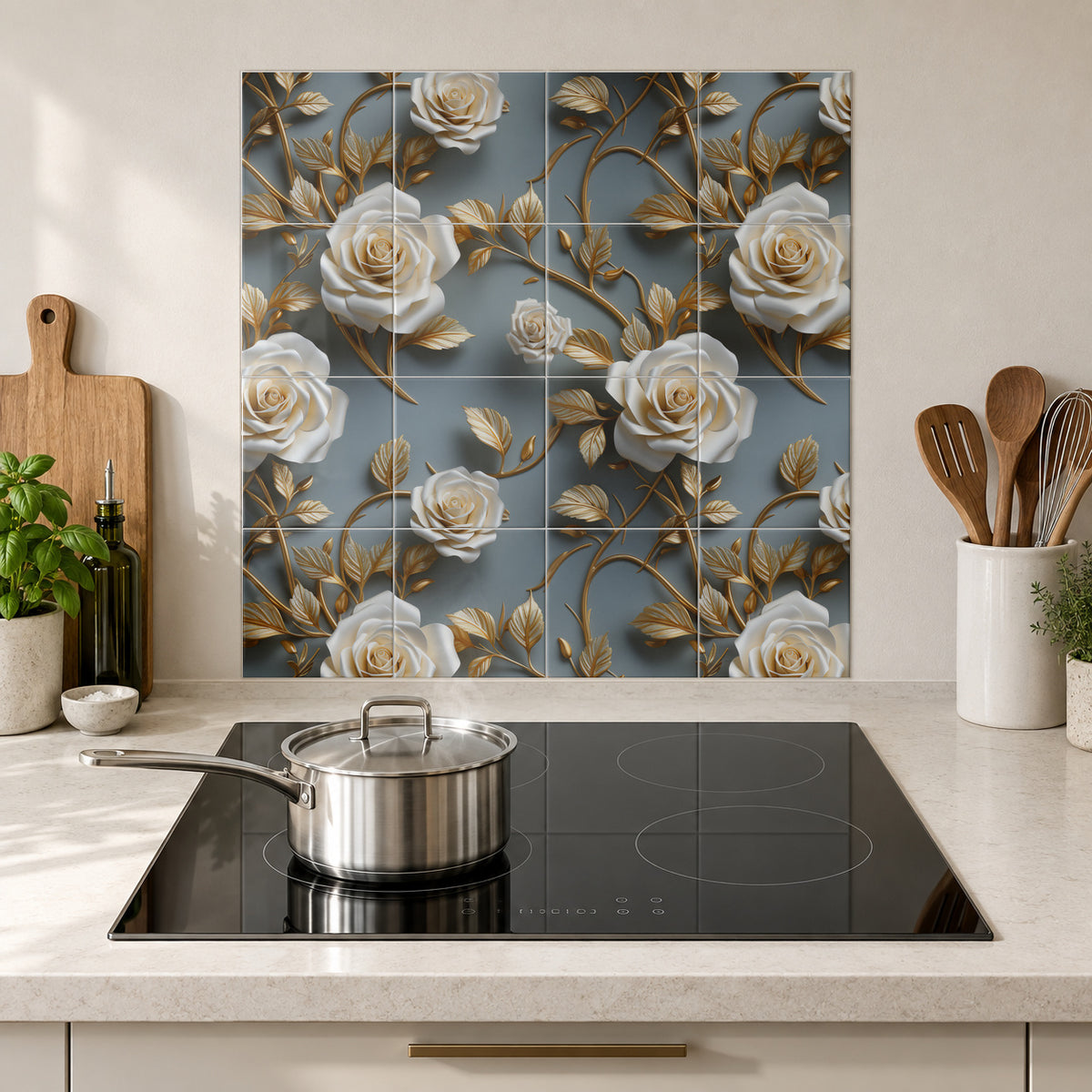 Ivory Rose Branches on Charcoal in the Wolfborn Studio kitchen mockup; 60 x 60 cm panel across 4 rows and 4 columns of 15 cm tiles. Styling illustration.