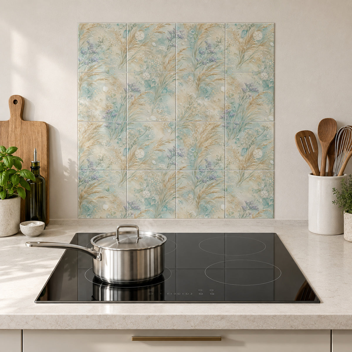 Coastal Meadow Shells in the Wolfborn Studio kitchen mockup; 60 x 60 cm panel across 4 rows and 4 columns of 15 cm tiles. Styling illustration.