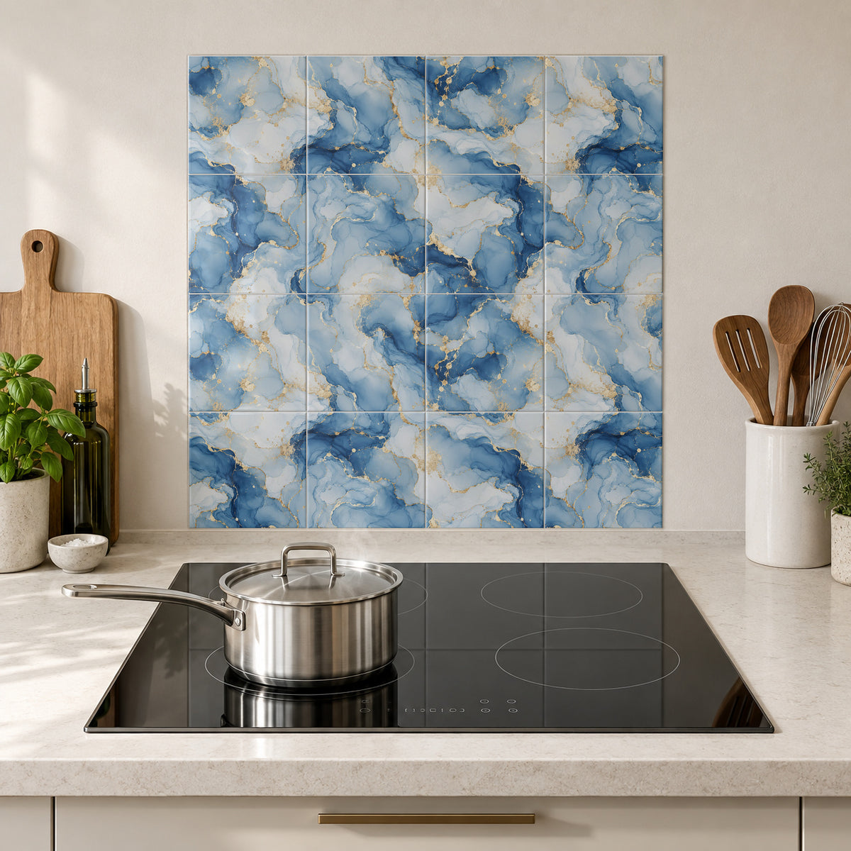 Blue Porcelain Gold Marble in the Wolfborn Studio kitchen mockup; 60 x 60 cm panel across 4 rows and 4 columns of 15 cm tiles. Styling illustration.