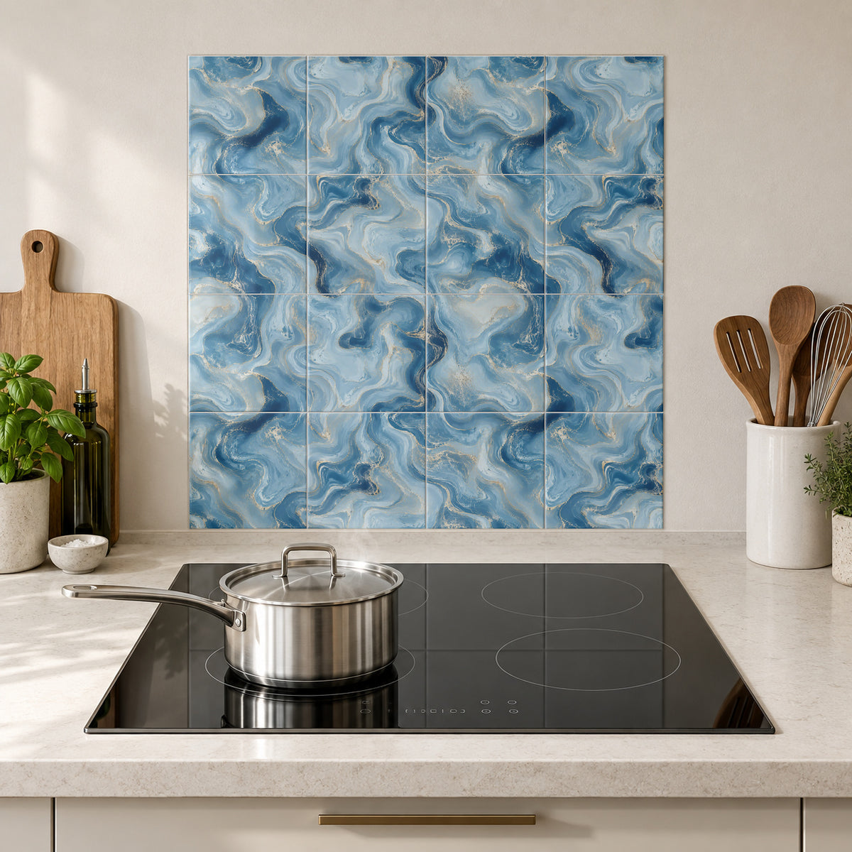 Ocean Blue Marble Swirls in the Wolfborn Studio kitchen mockup; 60 x 60 cm panel across 4 rows and 4 columns of 15 cm tiles. Styling illustration.