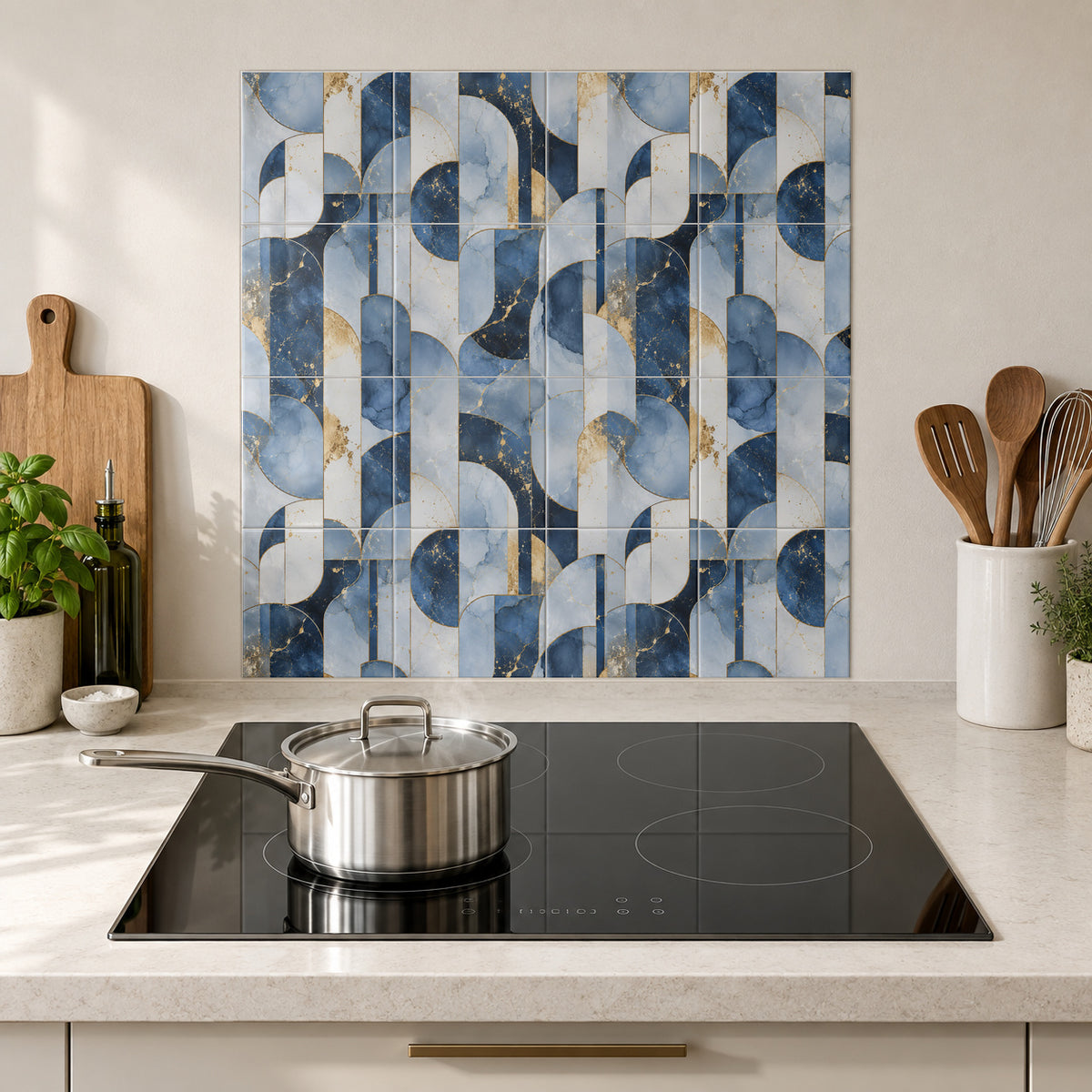 Blue and Gold Geometric Arches in the Wolfborn Studio kitchen mockup; 60 x 60 cm panel across 4 rows and 4 columns of 15 cm tiles. Styling illustration.
