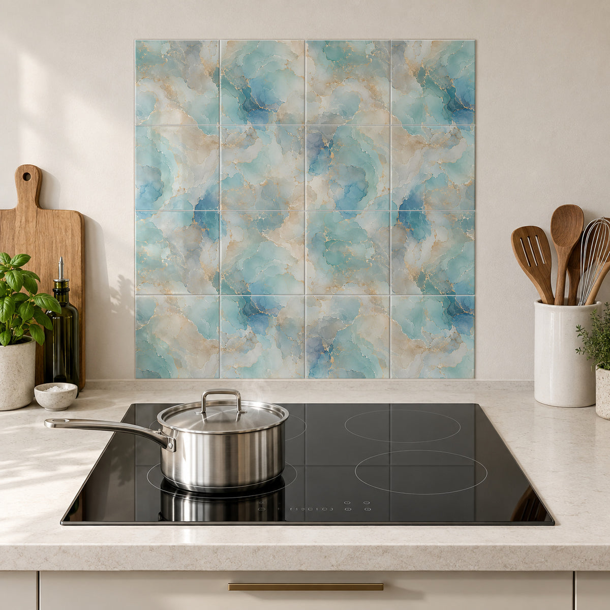 Soft Aqua Champagne Marble in the Wolfborn Studio kitchen mockup; 60 x 60 cm panel across 4 rows and 4 columns of 15 cm tiles. Styling illustration.