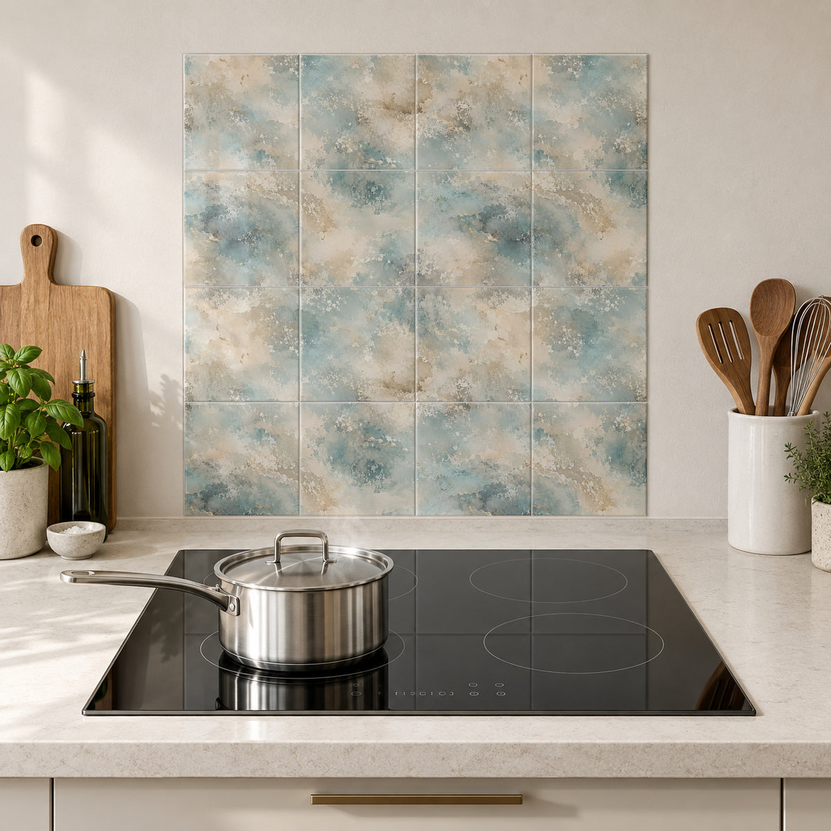 Coastal Sand Watercolour in the Wolfborn Studio kitchen mockup; 60 x 60 cm panel across 4 rows and 4 columns of 15 cm tiles. Styling illustration.
