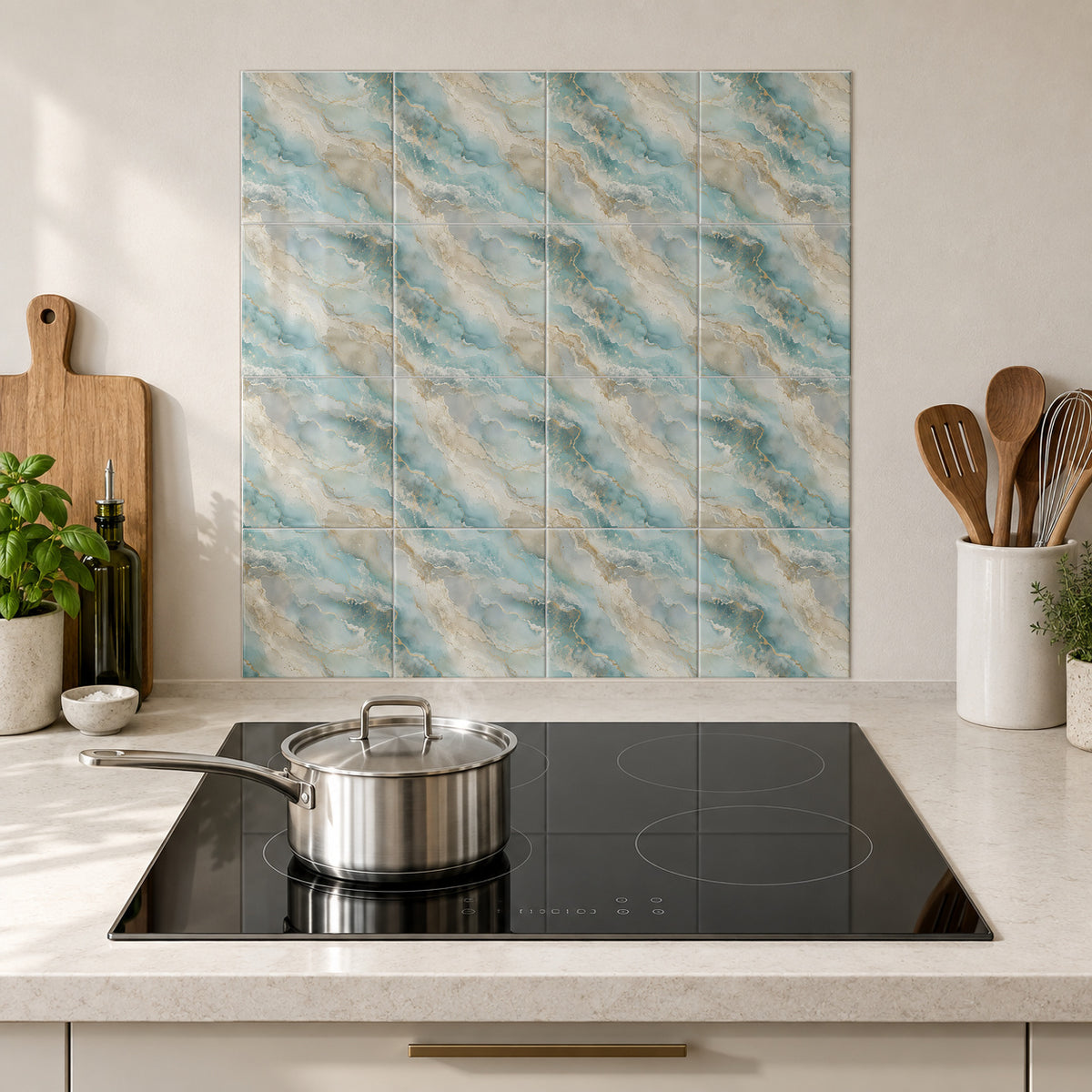 Sea Glass Gold Marble Ribbons in the Wolfborn Studio kitchen mockup; 60 x 60 cm panel across 4 rows and 4 columns of 15 cm tiles. Styling illustration.