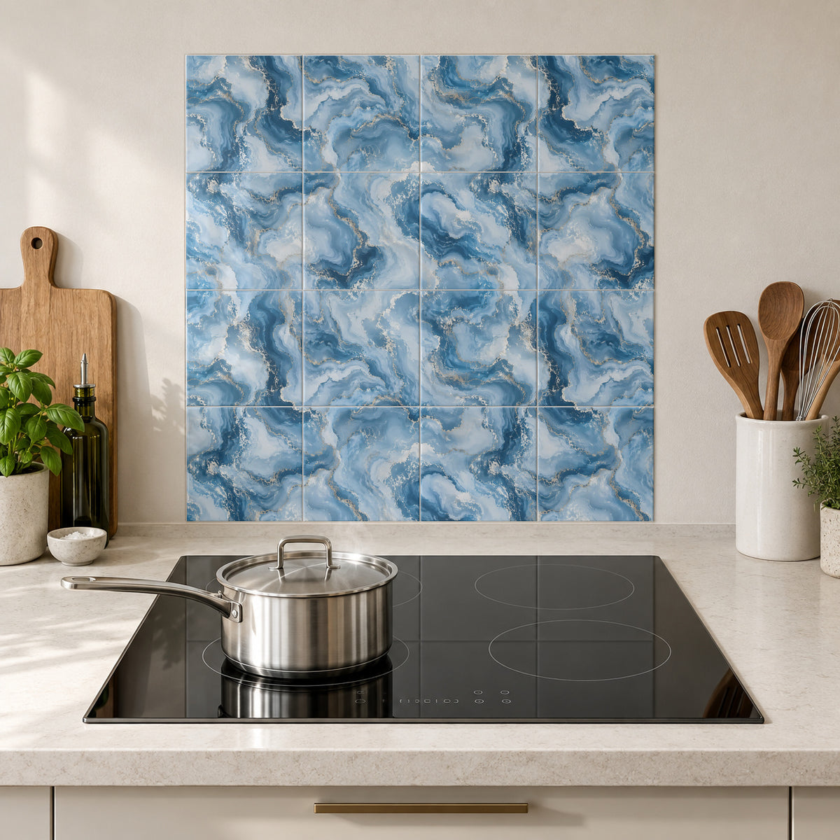 Blue Surf Agate in the Wolfborn Studio kitchen mockup; 60 x 60 cm panel across 4 rows and 4 columns of 15 cm tiles. Styling illustration.