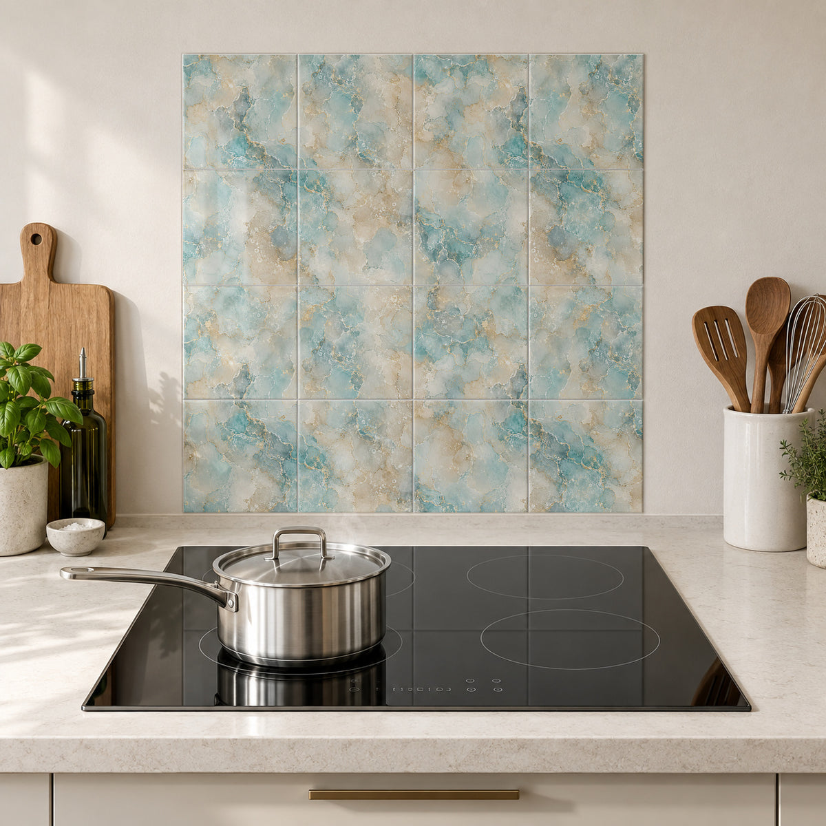 Seafoam Sand Marble in the Wolfborn Studio kitchen mockup; 60 x 60 cm panel across 4 rows and 4 columns of 15 cm tiles. Styling illustration.