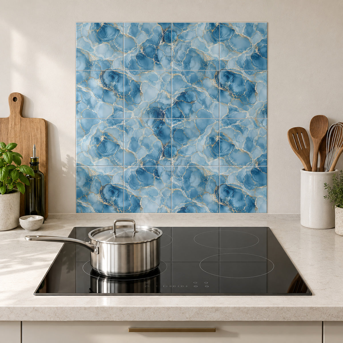 Azure Gold Stonework in the Wolfborn Studio kitchen mockup; 60 x 60 cm panel across 4 rows and 4 columns of 15 cm tiles. Styling illustration.