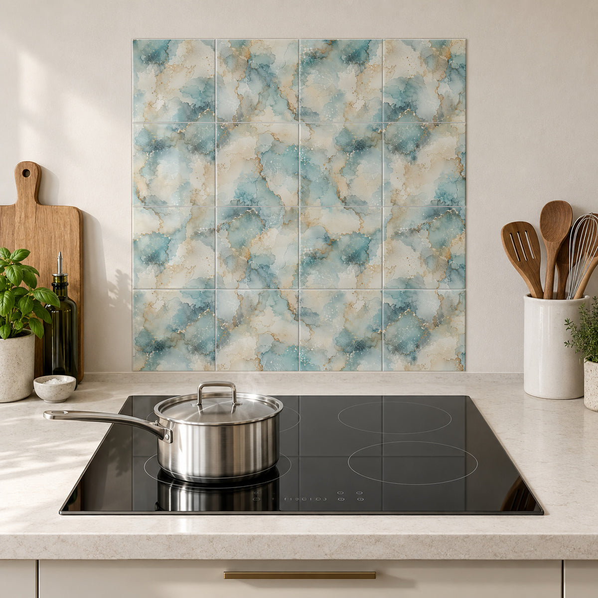 Aqua Sand Ink Clouds in the Wolfborn Studio kitchen mockup; 60 x 60 cm panel across 4 rows and 4 columns of 15 cm tiles. Styling illustration.