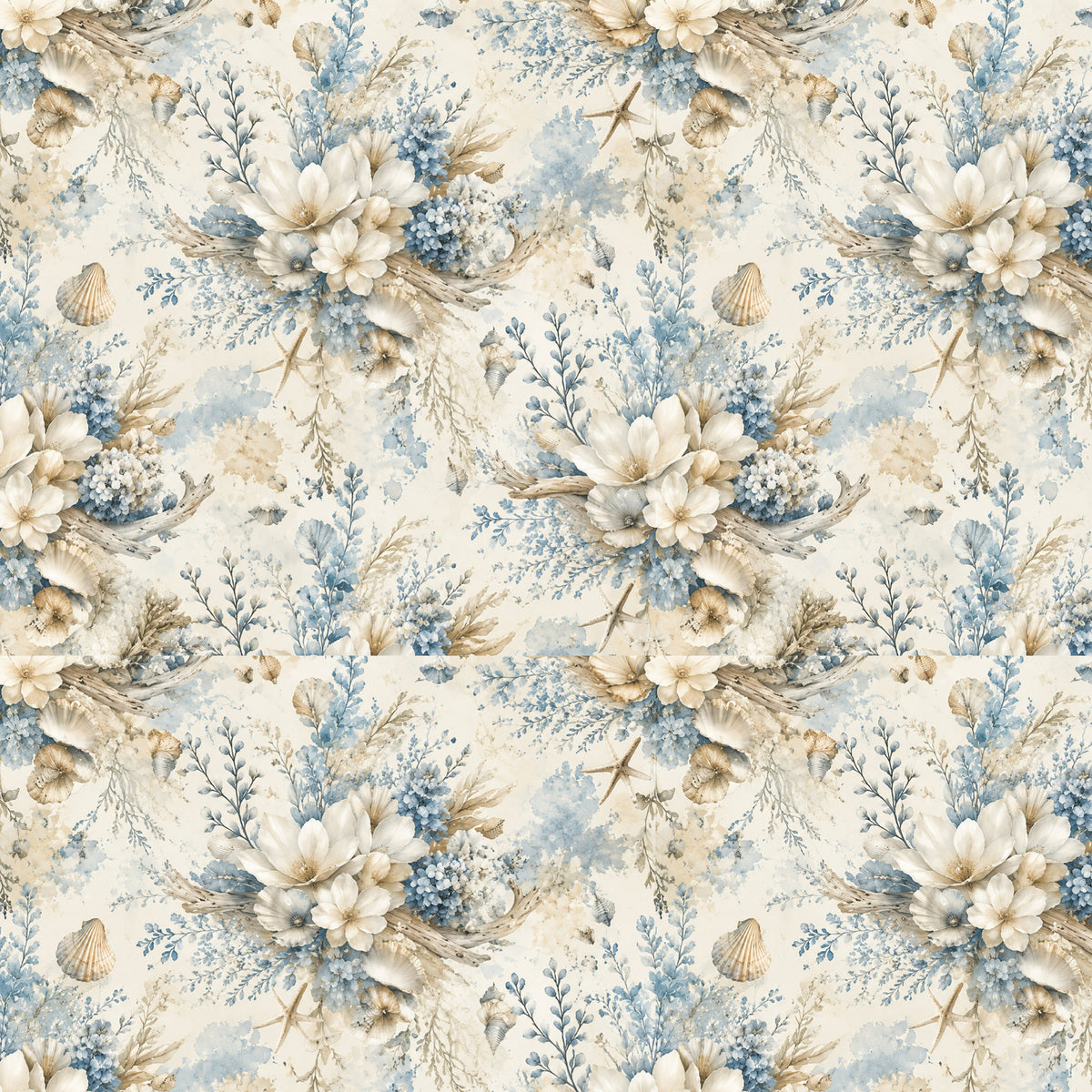 Coastal Blue Floral Shells artwork at the supplied scale for a nominal 60 x 60 cm reference panel.