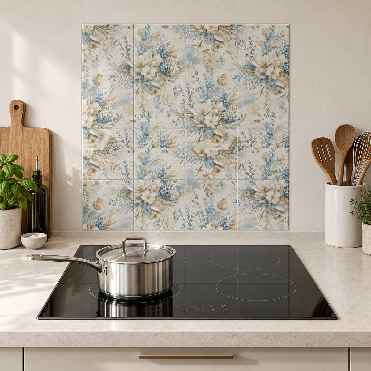 Coastal Blue Floral Shells in the Wolfborn Studio kitchen mockup; 60 x 60 cm panel across 4 rows and 4 columns of 15 cm tiles. Styling illustration.