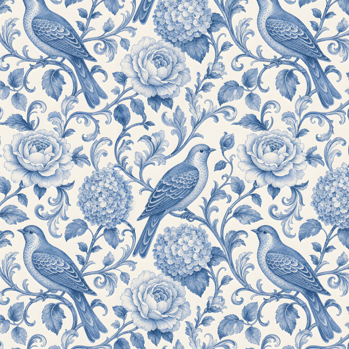 Blue Bird and Bloom Toile artwork at the supplied scale for a nominal 60 x 60 cm reference panel.