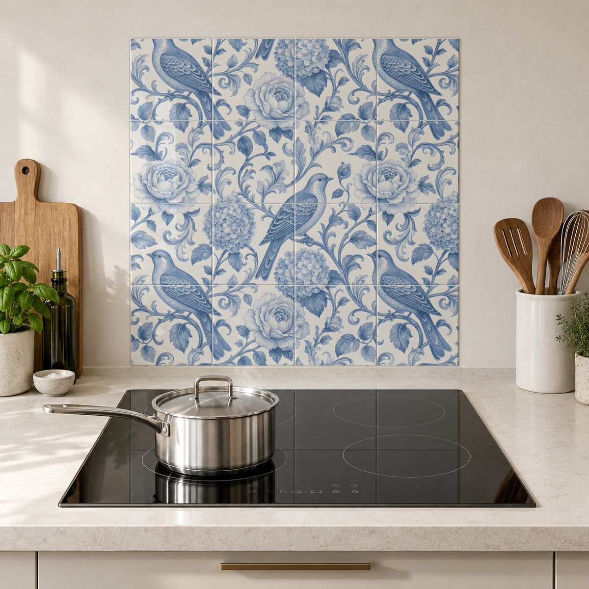 Blue Bird and Bloom Toile in the Wolfborn Studio kitchen mockup; 60 x 60 cm panel across 4 rows and 4 columns of 15 cm tiles. Styling illustration.