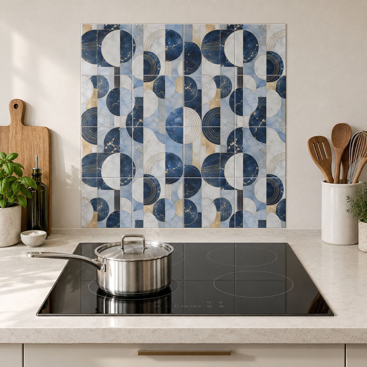 Navy Gold Geometric Circles in the Wolfborn Studio kitchen mockup; 60 x 60 cm panel across 4 rows and 4 columns of 15 cm tiles. Styling illustration.