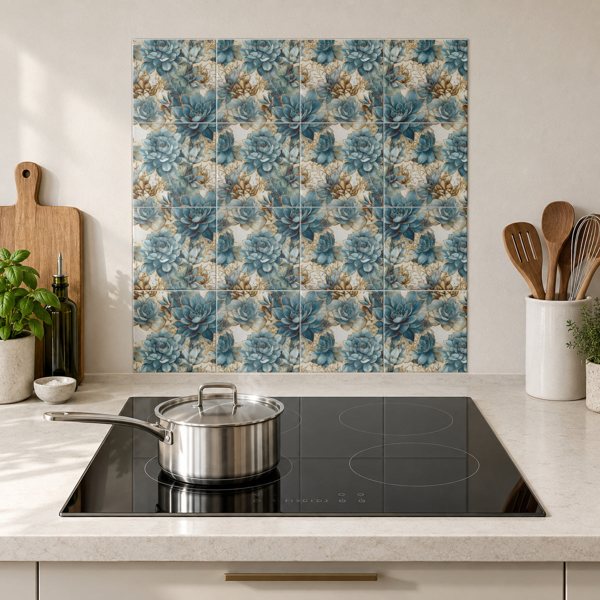 Teal and Cream Dahlia Tapestry in the Wolfborn Studio kitchen mockup; 60 x 60 cm panel across 4 rows and 4 columns of 15 cm tiles. Styling illustration.