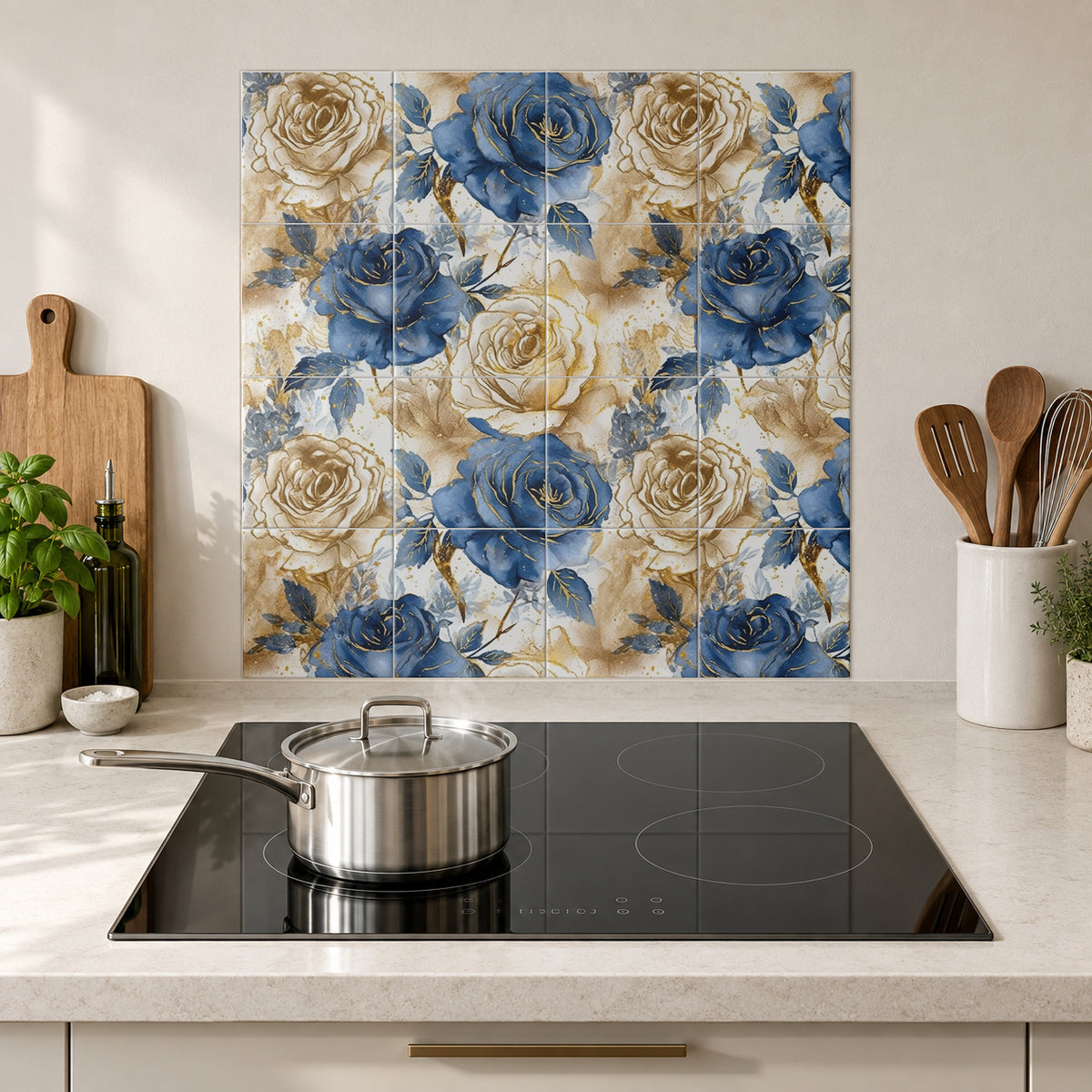Blue and Champagne Watercolour Roses in the Wolfborn Studio kitchen mockup; 60 x 60 cm panel across 4 rows and 4 columns of 15 cm tiles. Styling illustration.