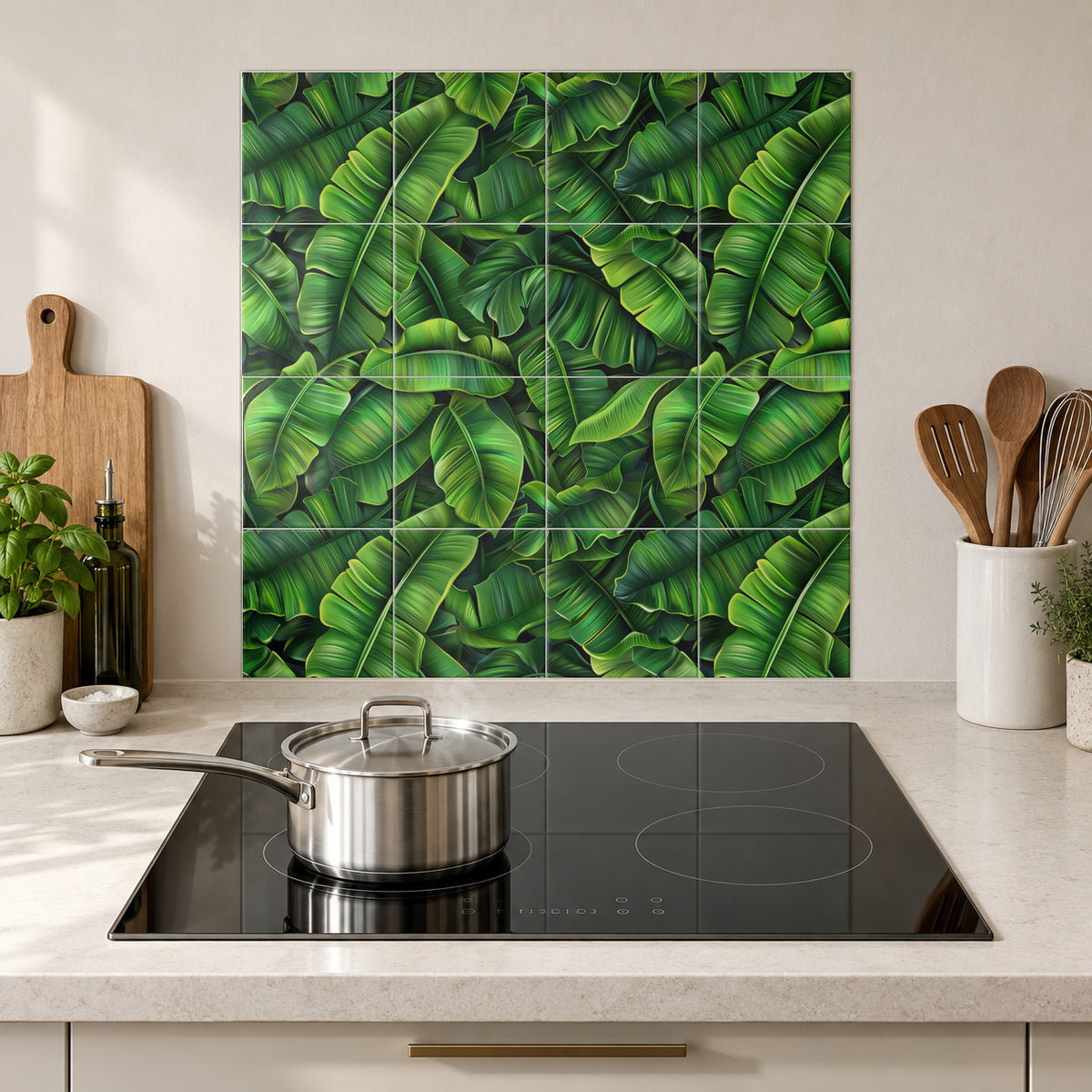 Emerald Banana Leaf Ruffles in the Wolfborn Studio kitchen mockup; 60 x 60 cm panel across 4 rows and 4 columns of 15 cm tiles. Styling illustration.