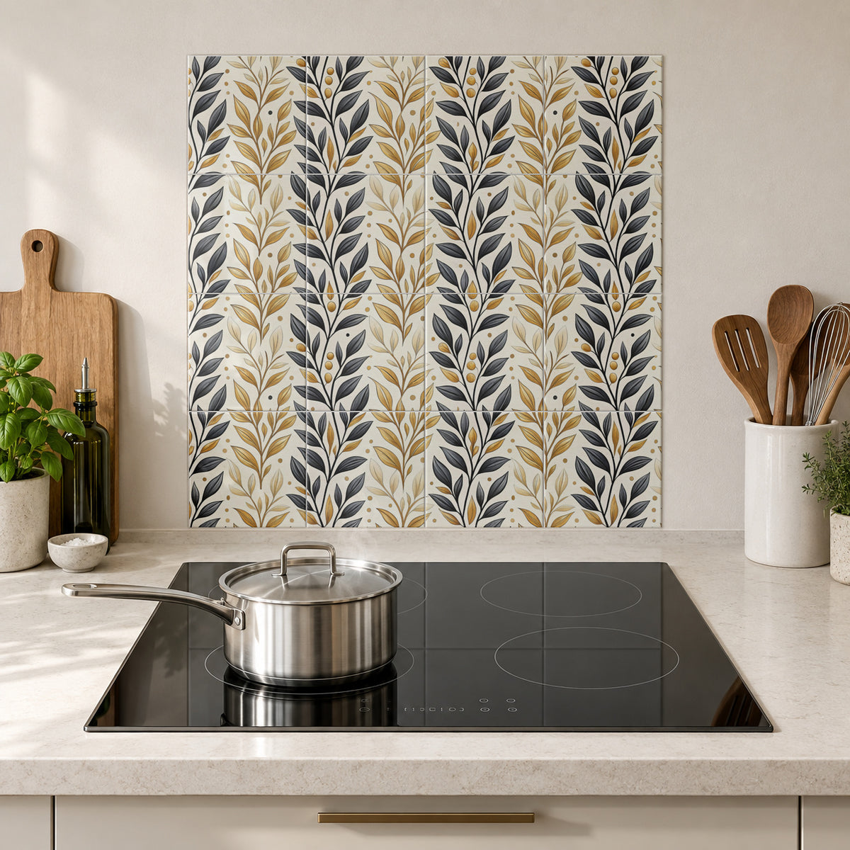 Black and Gold Botanical Sprigs in the Wolfborn Studio kitchen mockup; 60 x 60 cm panel across 4 rows and 4 columns of 15 cm tiles. Styling illustration.