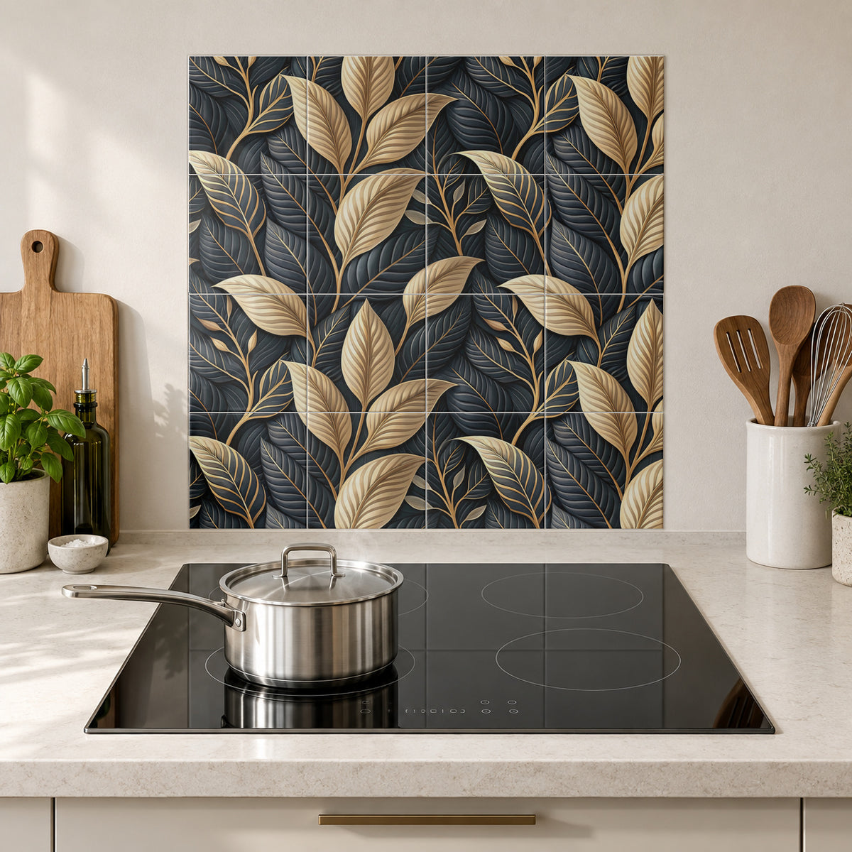 Golden Leaves on Midnight in the Wolfborn Studio kitchen mockup; 60 x 60 cm panel across 4 rows and 4 columns of 15 cm tiles. Styling illustration.