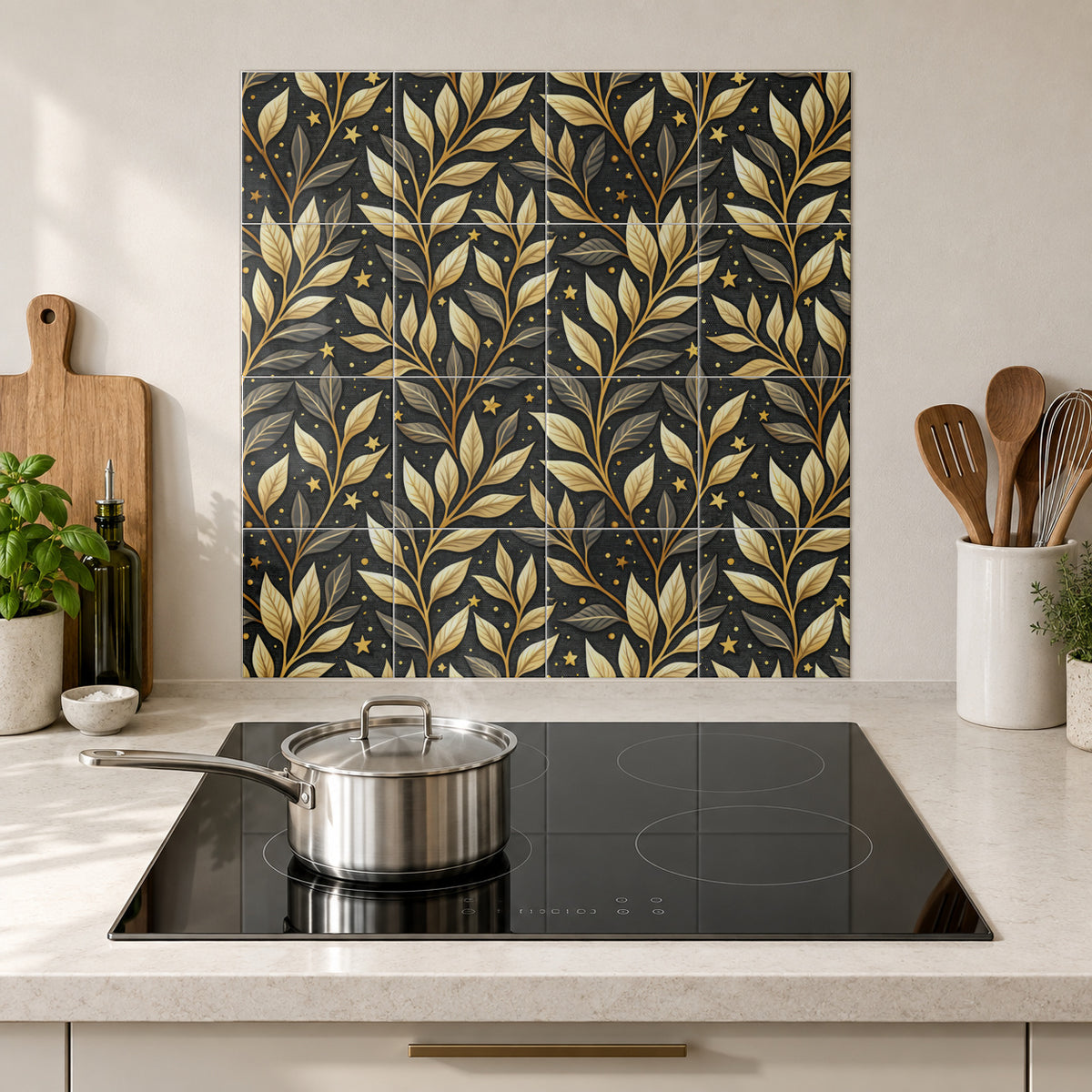 Midnight Gold Leaves and Stars in the Wolfborn Studio kitchen mockup; 60 x 60 cm panel across 4 rows and 4 columns of 15 cm tiles. Styling illustration.