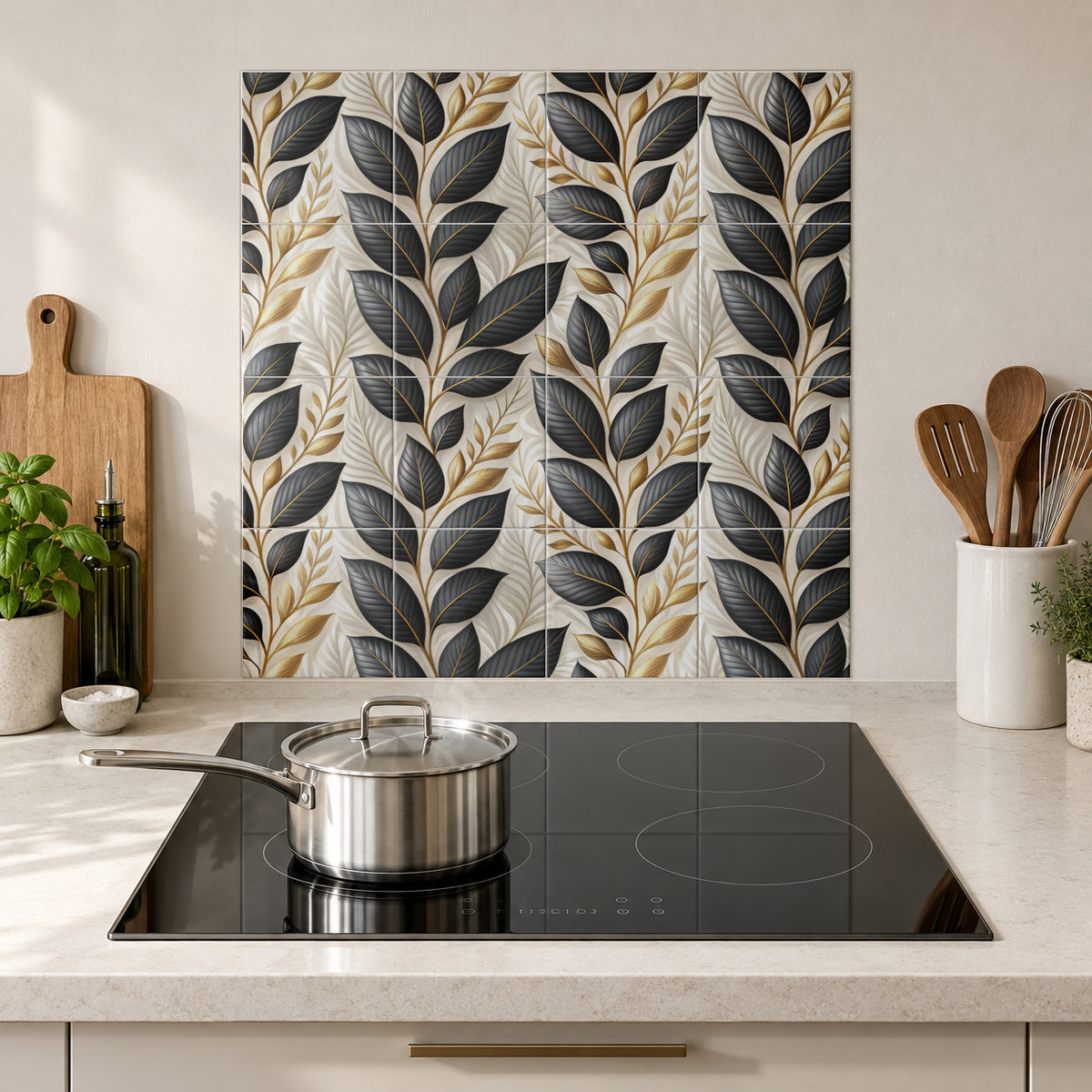 Ivory Black Leaf Plumes in the Wolfborn Studio kitchen mockup; 60 x 60 cm panel across 4 rows and 4 columns of 15 cm tiles. Styling illustration.