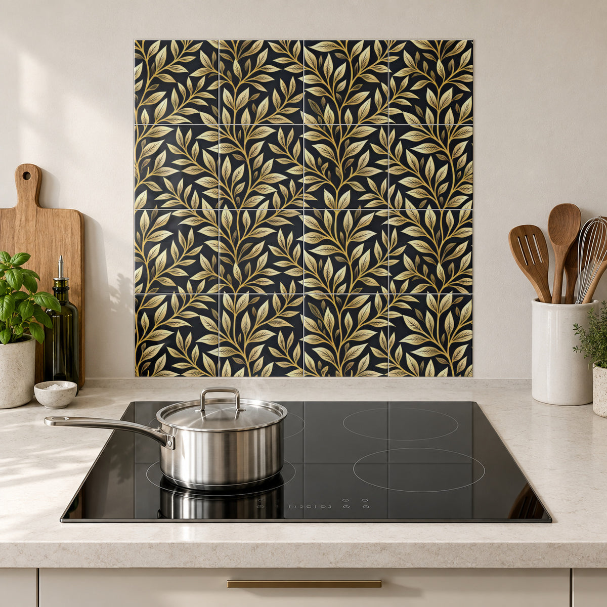Golden Laurel on Black in the Wolfborn Studio kitchen mockup; 60 x 60 cm panel across 4 rows and 4 columns of 15 cm tiles. Styling illustration.