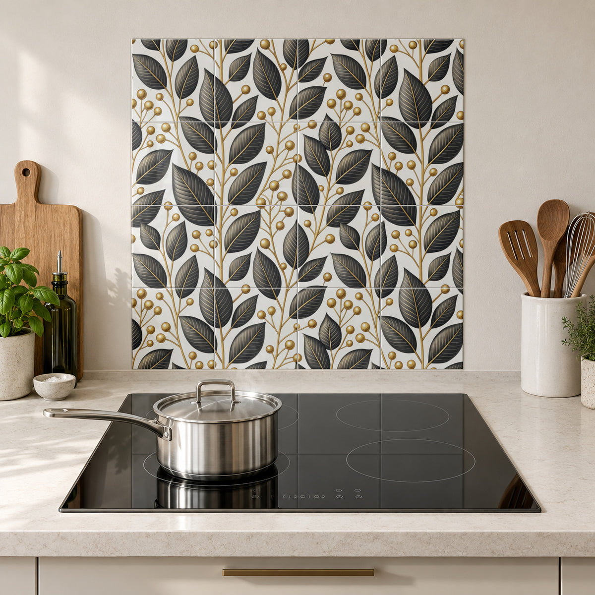 Black Leaves and Golden Berries in the Wolfborn Studio kitchen mockup; 60 x 60 cm panel across 4 rows and 4 columns of 15 cm tiles. Styling illustration.