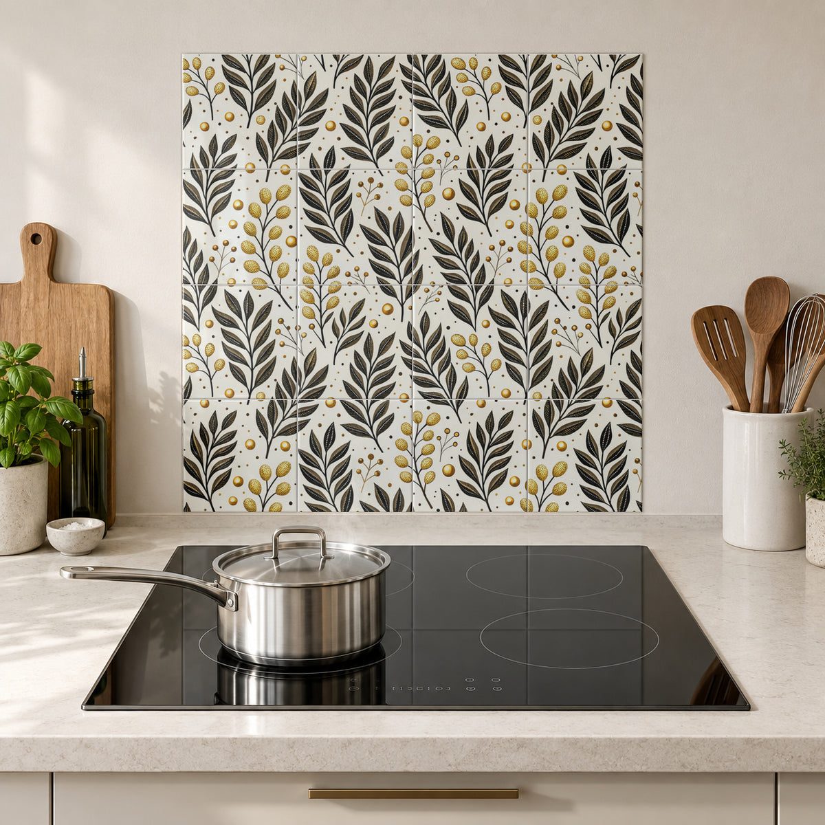 Ivory Botanical Sprigs and Gold Dots in the Wolfborn Studio kitchen mockup; 60 x 60 cm panel across 4 rows and 4 columns of 15 cm tiles. Styling illustration.