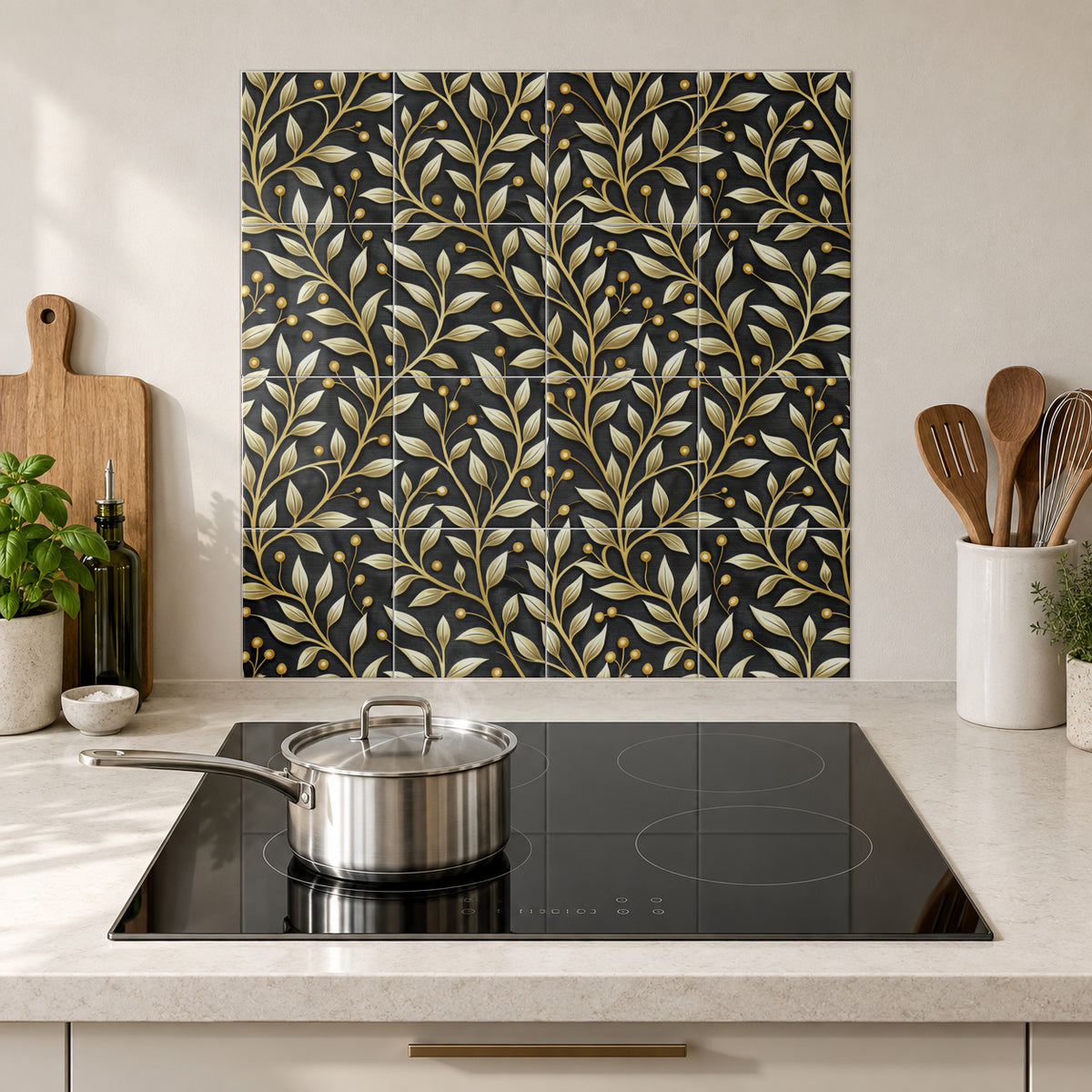 Midnight Golden Berry Vines in the Wolfborn Studio kitchen mockup; 60 x 60 cm panel across 4 rows and 4 columns of 15 cm tiles. Styling illustration.
